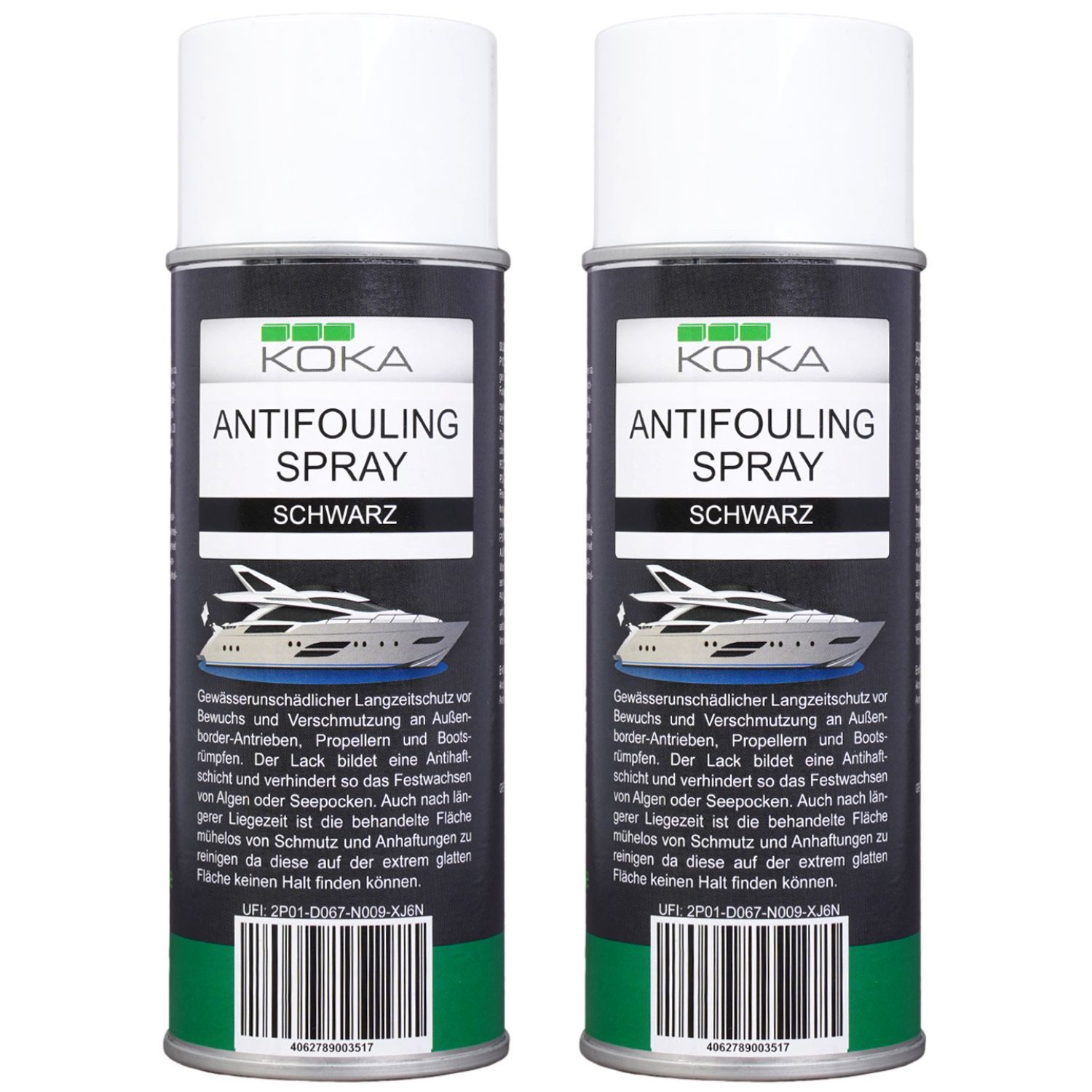 KOKA 2x Antifouling Spray Schwarz Bewuchs-Schutz Boot Lackschutz (Dosen, 2 St., 2x 400ml Dose), Langzeitschutz Antihaft-Schicht für Bootsrumpf Rumpf Antrieb Propeller
