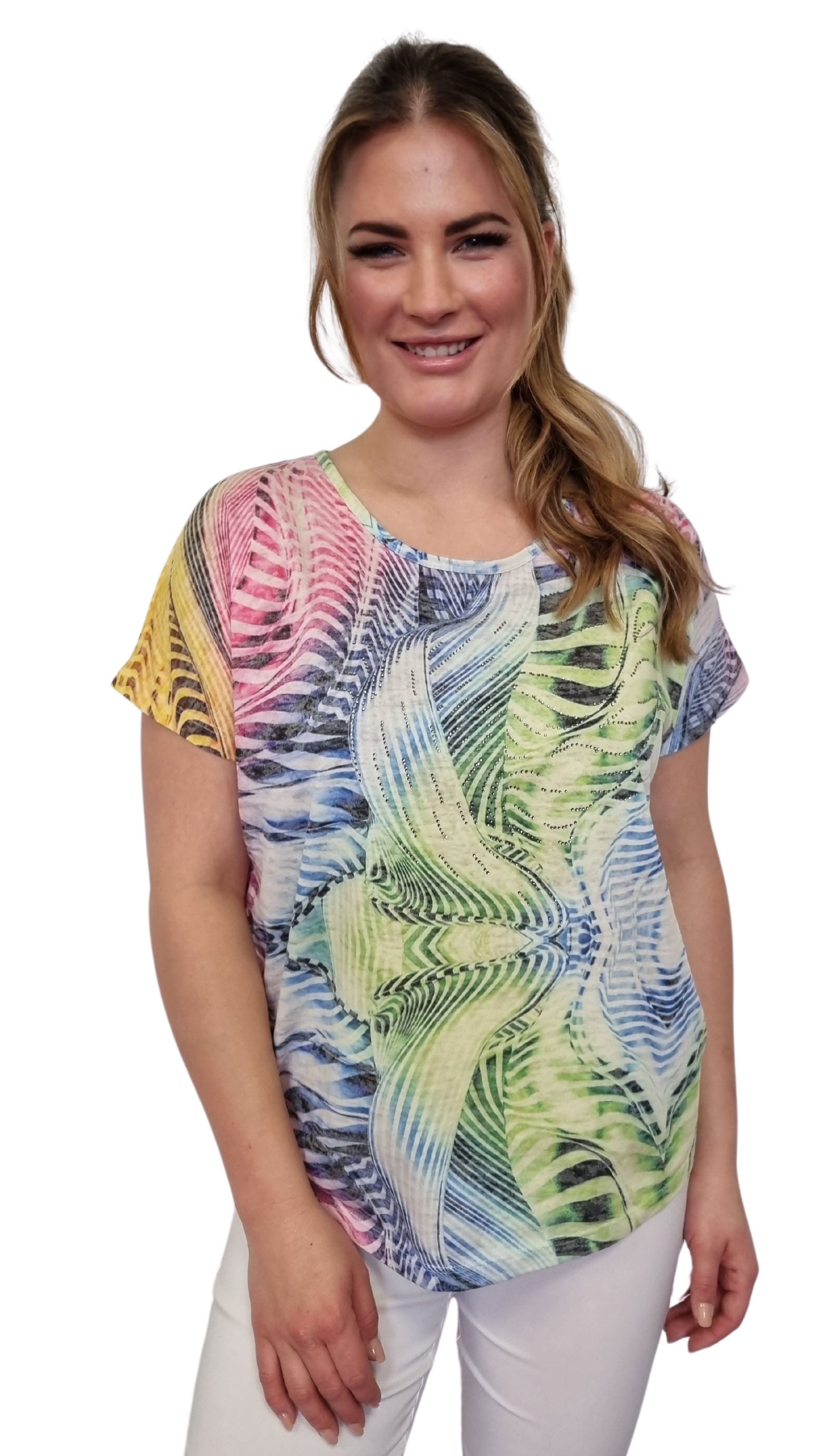 T-Shirt Ausbrenner T-Shirt mit Allover-Print und Strassbesatz