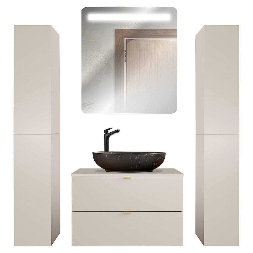 Lomadox Badmöbel-Set DURANGO-56, (Spar-Set, 4-St., LED-Spiegel Waschtisch Hochschränke), 80 cm breit, Keramikwaschbecken, kaschmir, 2 Schubladen