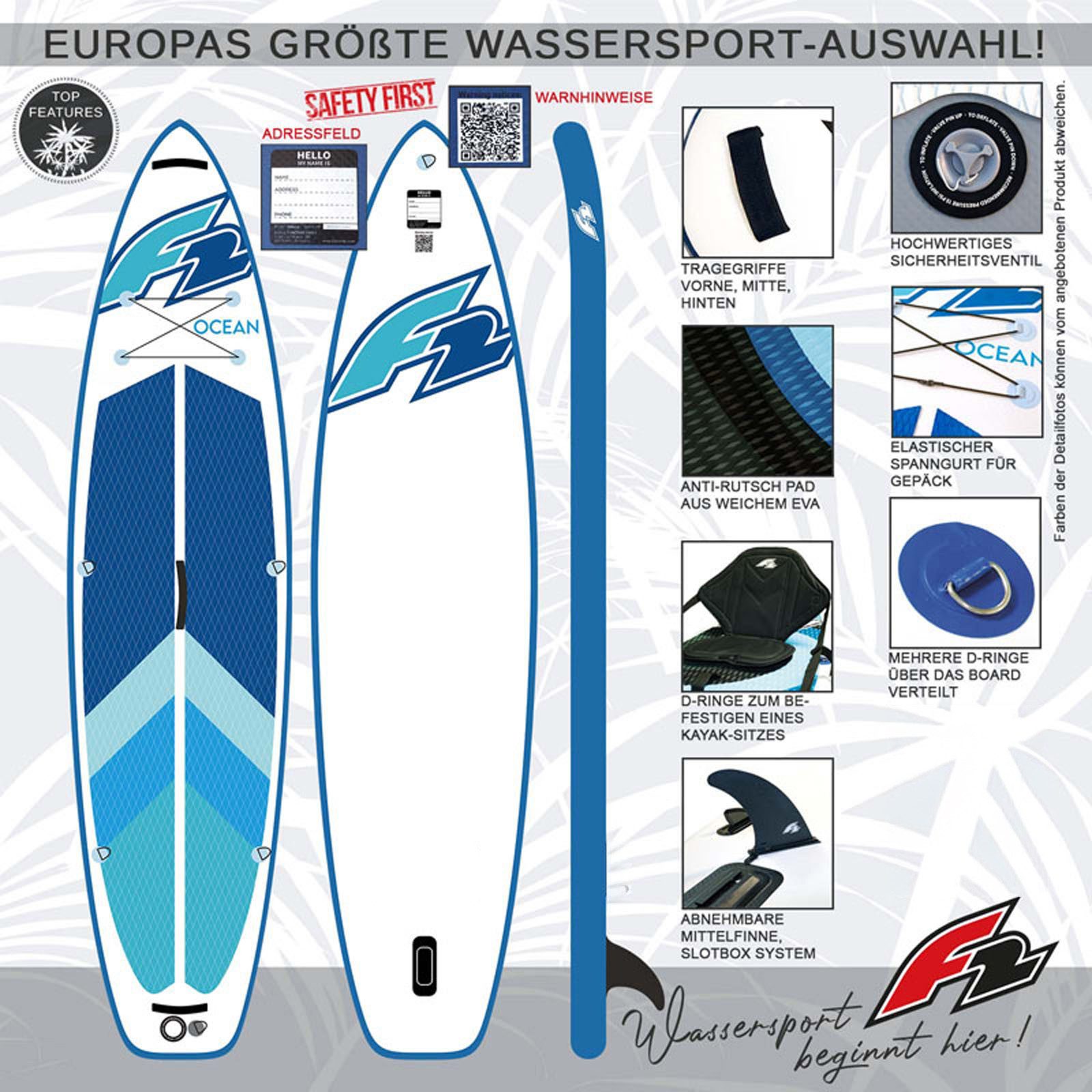 F2 SUP-Board F2 Marken Stand Up Paddle Board Ocean Blau SUP 10'5 320cm + Kajak Zube, Stand up paddle board