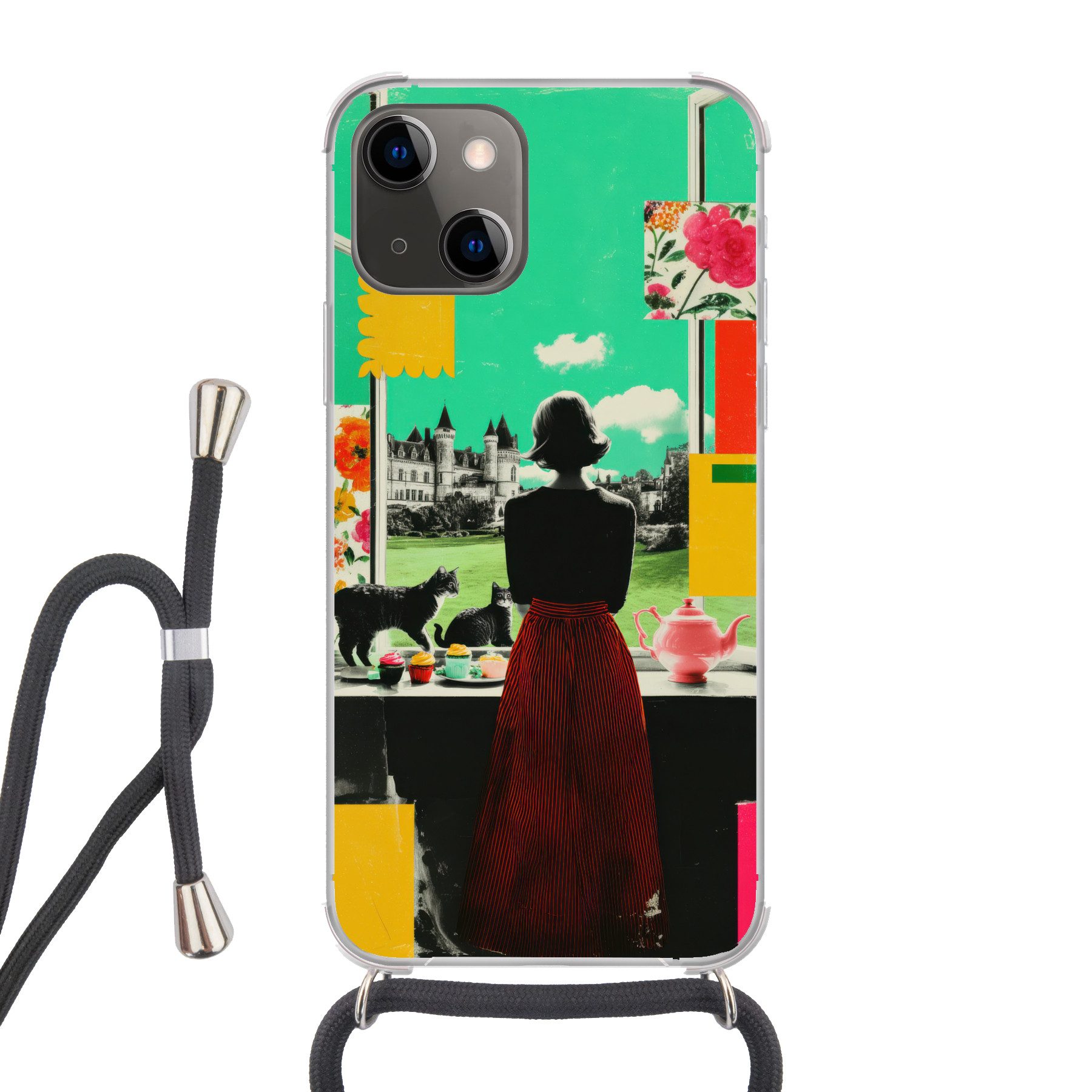 MuchoWow Handyhülle für Apple iPhone 13 Frau - Küche - Katzen - Durchsichtig, Tragbare Handyhüllen mit Kette zum umhängen, Handykette Handyband