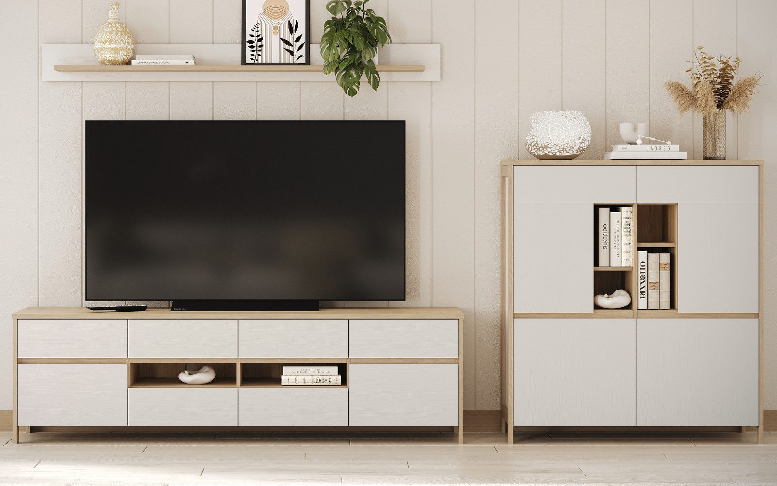 Furn.Design Wohnwand Finnes, (Wohnzimmer Set 3-teilig Eiche weiß und Eiche natur, Scandi Design, Breite 310 cm), mit viel Stauraum und Soft-Close-Funktion
