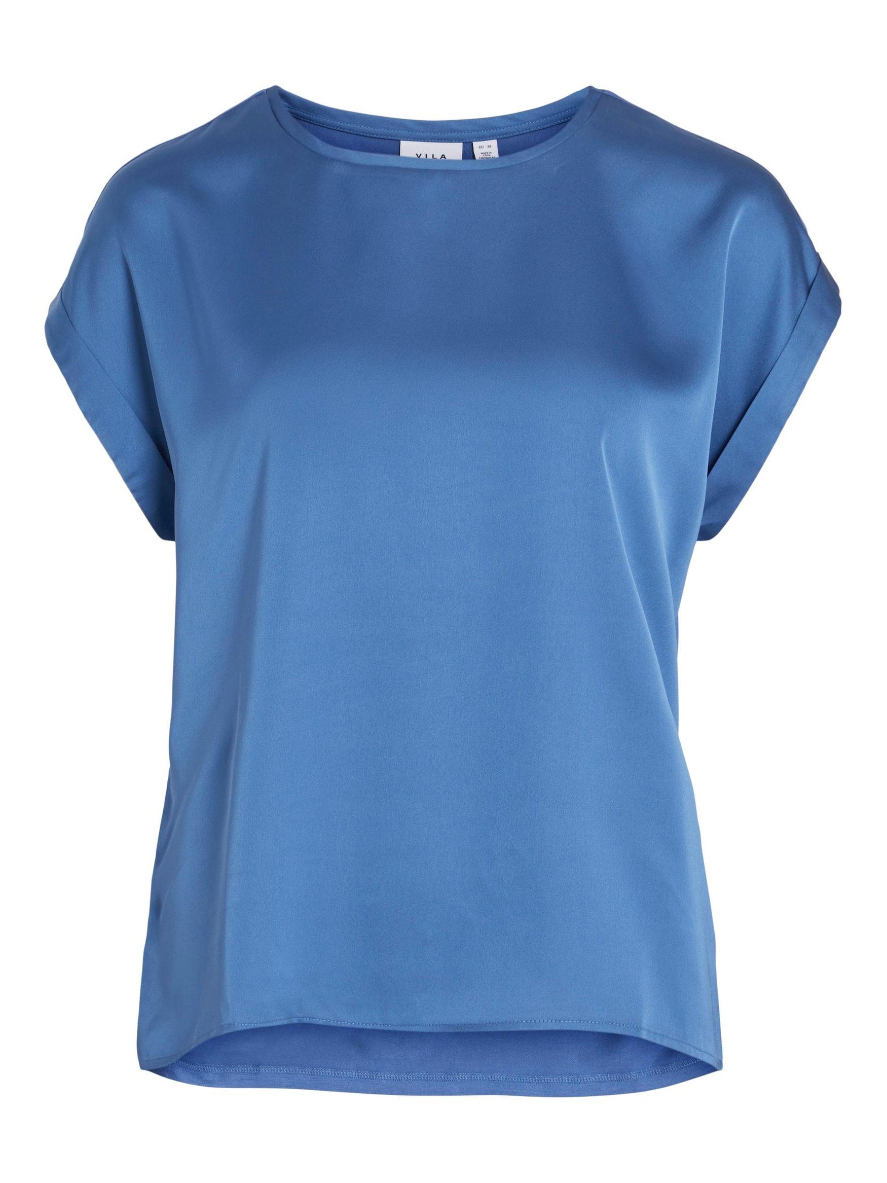 Vila T-Shirt Satain Blusen T-Shirt Kurzarm Basic Top Glänzend VIELLETTE 4599 in Blau