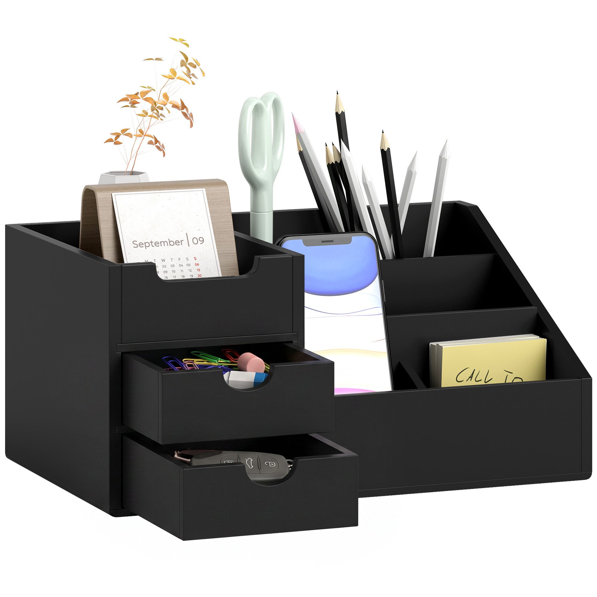 HOMCOM Organizer Aufbewahrungsbox Büro Box Organisation (Schreibtischorganizer, 1 St., 2 Schublade), Schwarz 33 x 20,5 x 15,5 cm