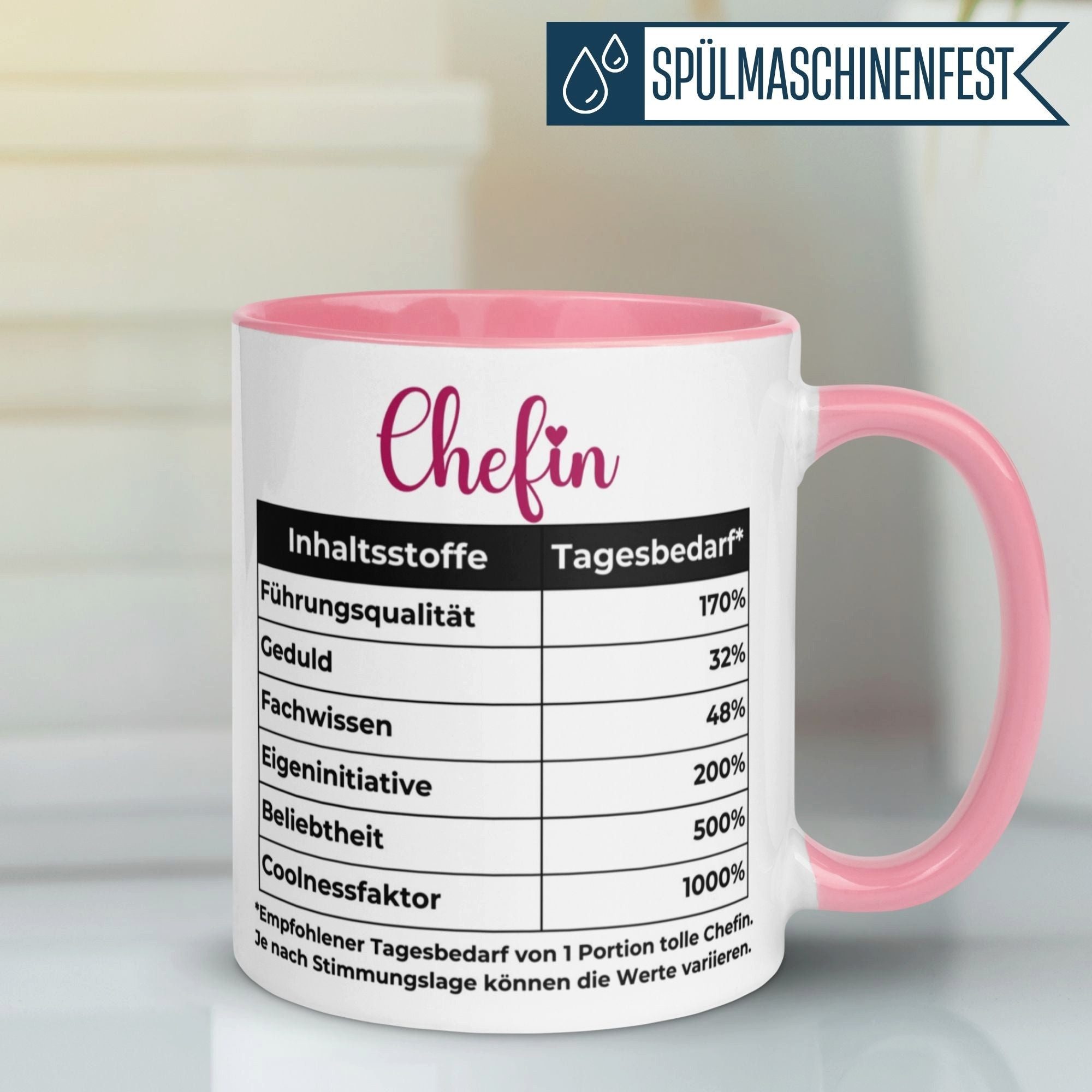 Momentals Tasse Geschenk Chefin – „Inhaltsstoffe - Führungsqualität und Coolness“, Gratis Versand · Links-&Rechtshänder · Spülmaschinenfest