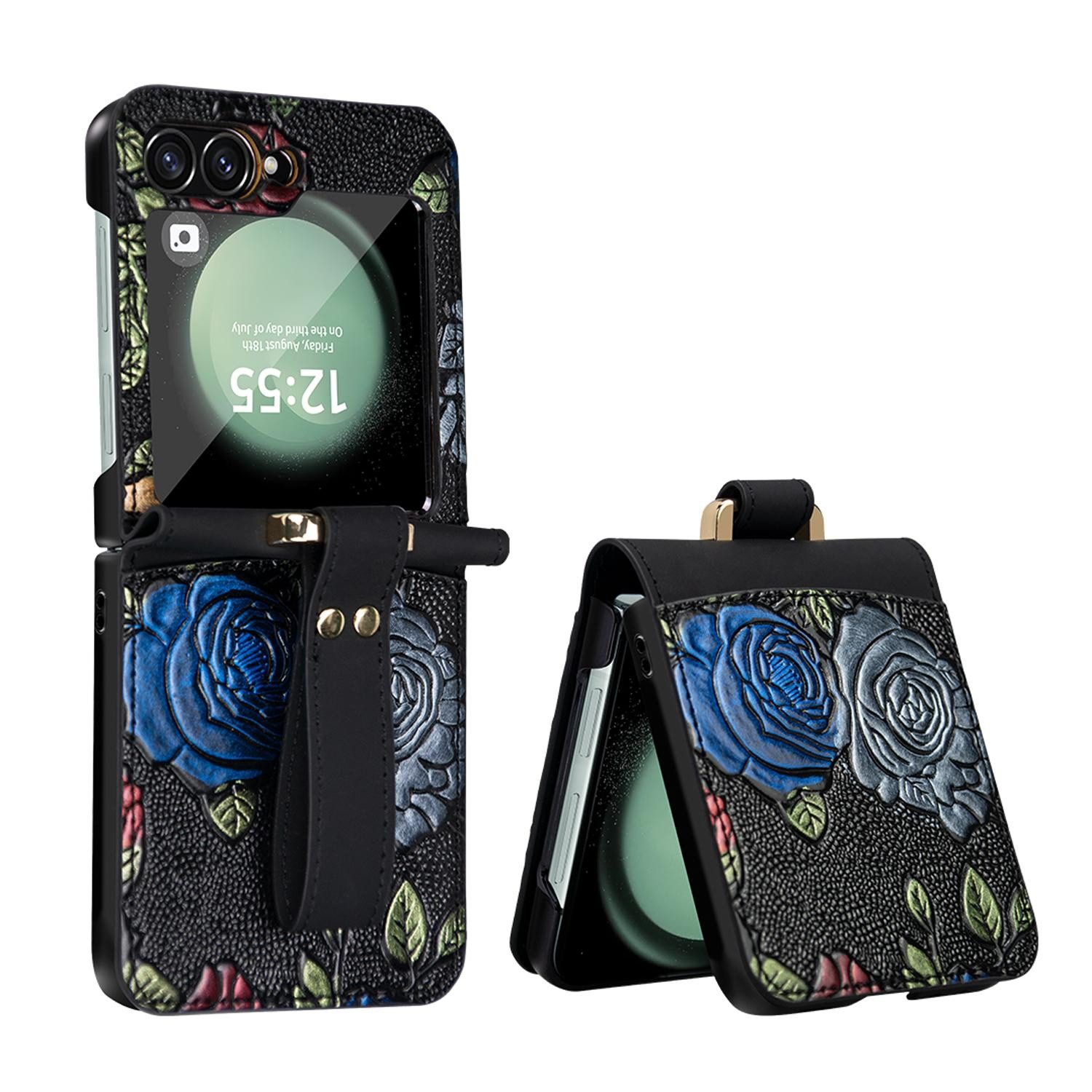 Wigento Handyhülle Für Samsung Galaxy Z Flip7 FE / Flip6 5G Hülle Handschl. + Schutz Glas, Integriertes Schutzglas Schutzhülle Handschlaufe Smart Cover
