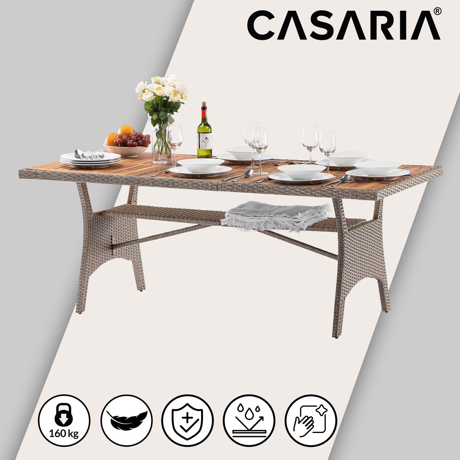 zertifiziertes Ablage Casaria 190x90cm mit Polyrattan (1-St), Akazienholz FSC®- Gartentisch Beige
