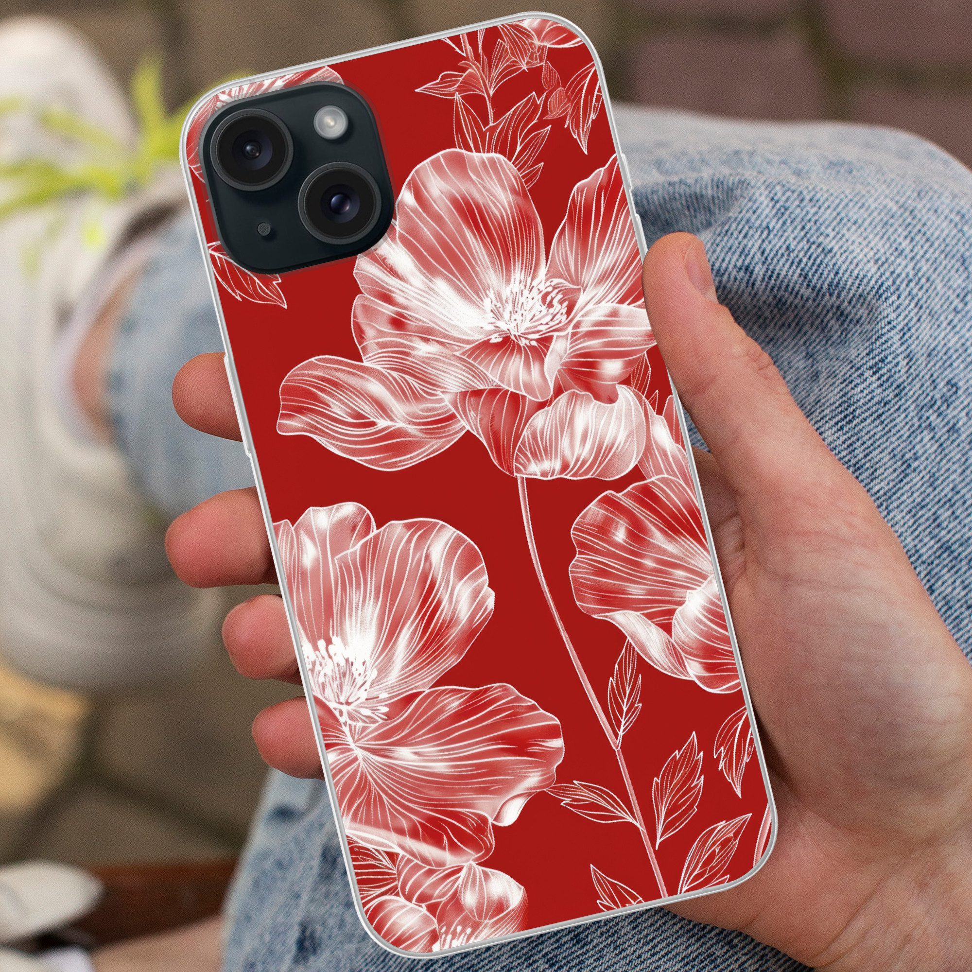 MuchoWow Handyhülle für Apple iPhone 15 Plus Blumen - Muster - Rot - Weiß, Smartphone-Bumper, Print, Handy Schutzhülle Dünn