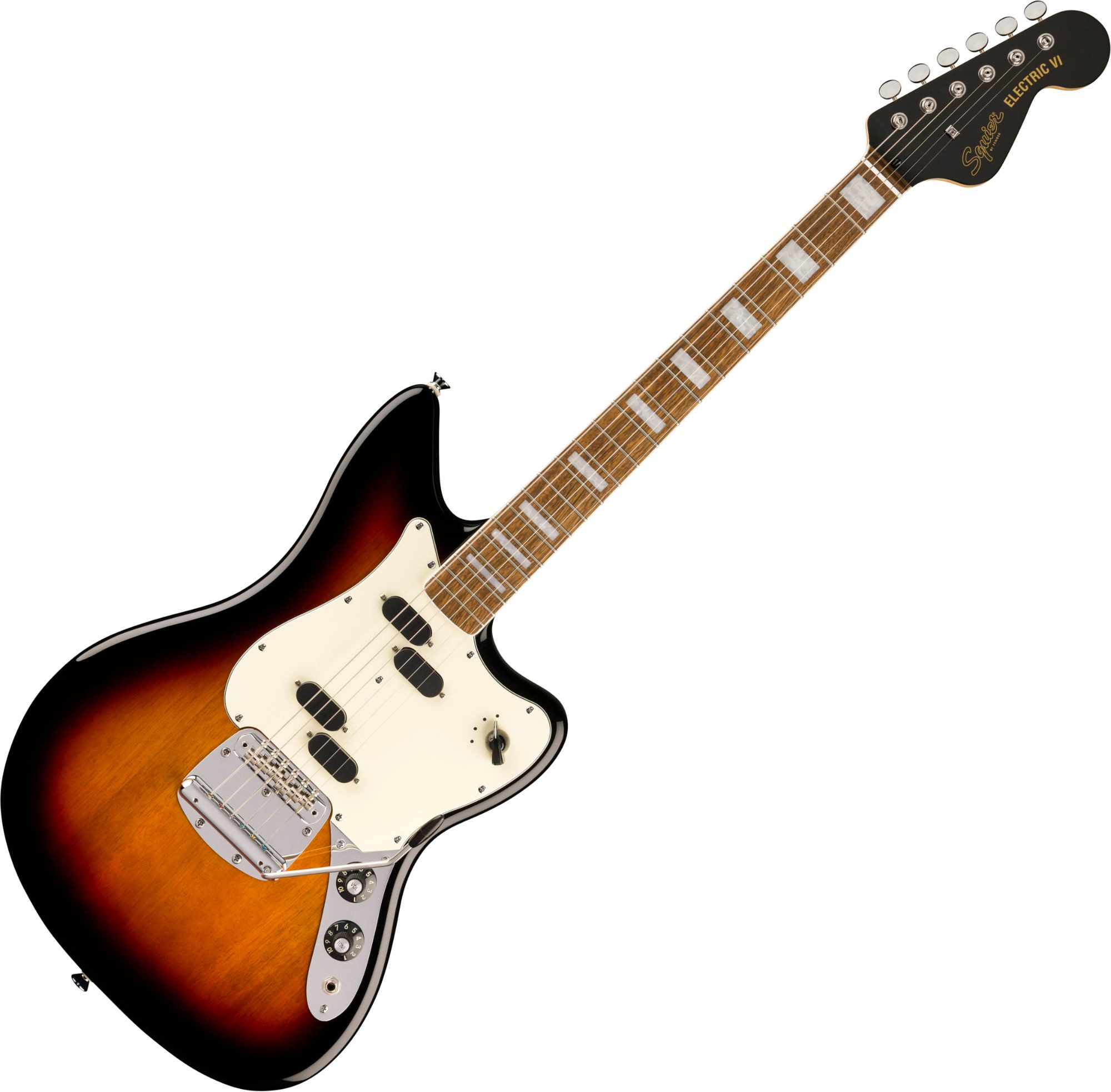 Squier E-Gitarre Paranormal Electric VI 3-Color Sunburst, Bass VI, 6-saitige Bass-Gitarre mit Lorbeer-Griffbrett
