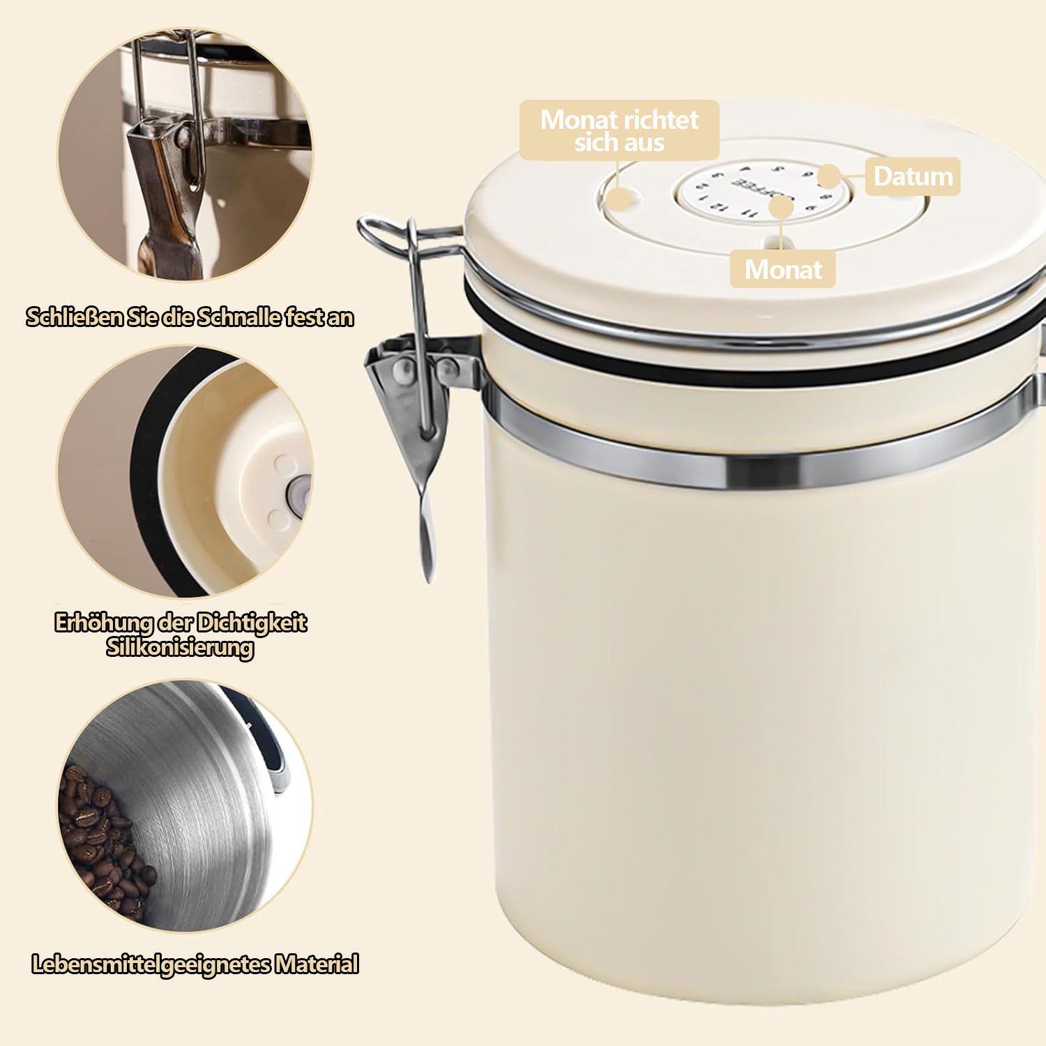 Rhein Beleuchtung Kaffeedose Kaffeedose luftdicht mit Datumsmarkierung, luftdichte aufbewahrungsbox, Edelstahl + ABS + Silikon, (Set, 1-tlg., Edelstahl, für die Aufbewahrung von Kaffeebohnen, Süßigkeiten, Nüssen), Einweg-Auslassventil, feuchtigkeitsbeständig, mit Löffel