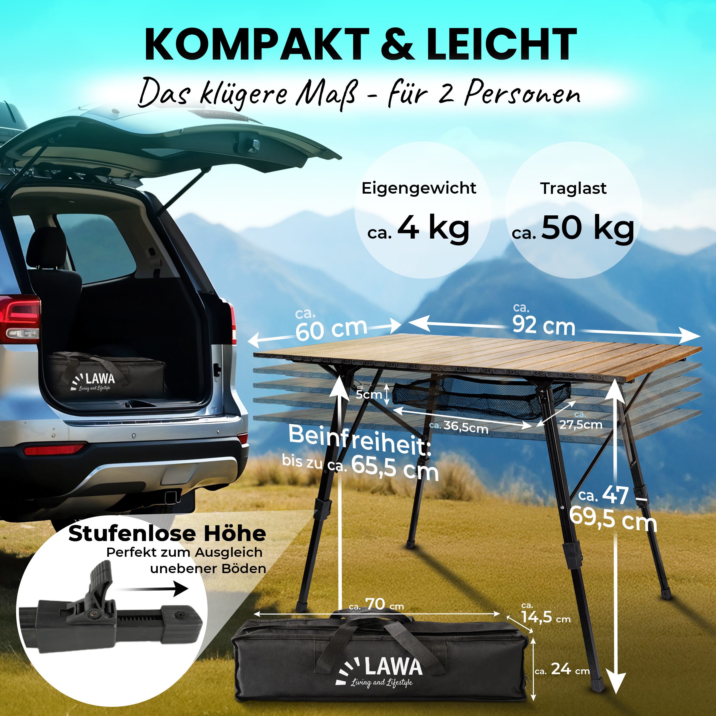 LAWA Living and Lifestyle Campingtisch Falttisch Outdoor höhenverstellbar Aluminium 2 Personen 92 x 60 cm, Holzdekor, faltbar, ultraleicht, klappbar, rostfrei, kompakt, stabil