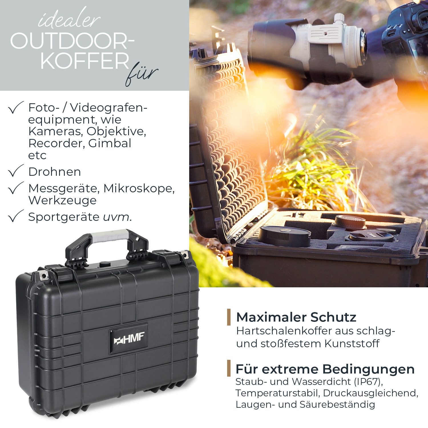 HMF Werkzeugkoffer ODK100 Outdoorkoffer mit Druckausgleichsventil und Rasterschaumstoff, Outdoor-Koffer wasserdicht und staubdicht, 41 x 32 x 17,5 cm, schwarz – Bild 2 von 5