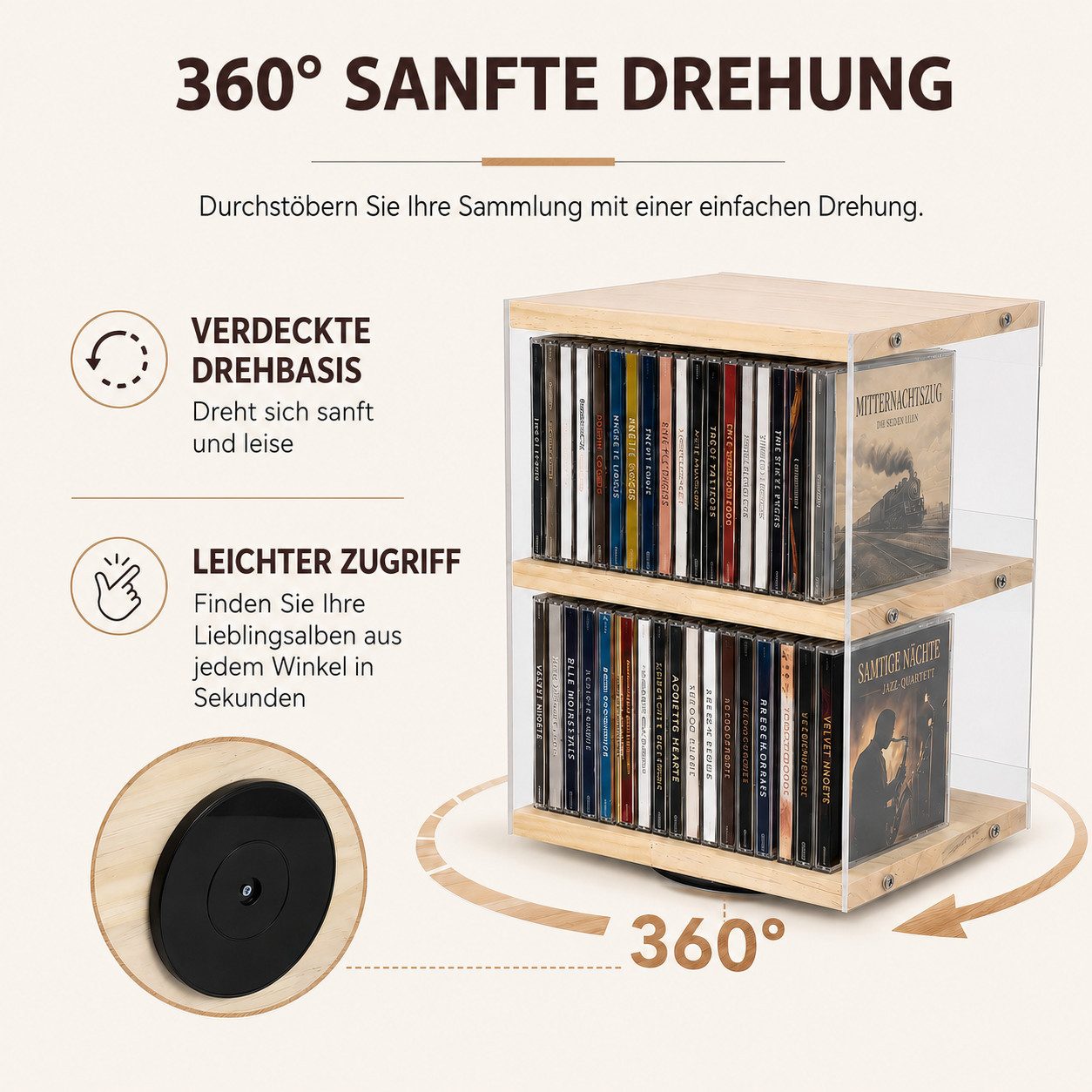 BlingBin CD-Regal Drehbarer 2 Ebenen CD-Halter aus Holz und Acryl für 36 CDs, 1er Set 1-tlg., CD-Ständer mit offener Seite und Absturzsicherung für Wohnzimmer, Büro