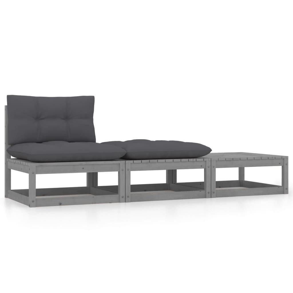 3-tlg. Loungesofa Kissen mit Garten-Lounge-Set Kiefer vidaXL Massivholz, Teile 1 Grau