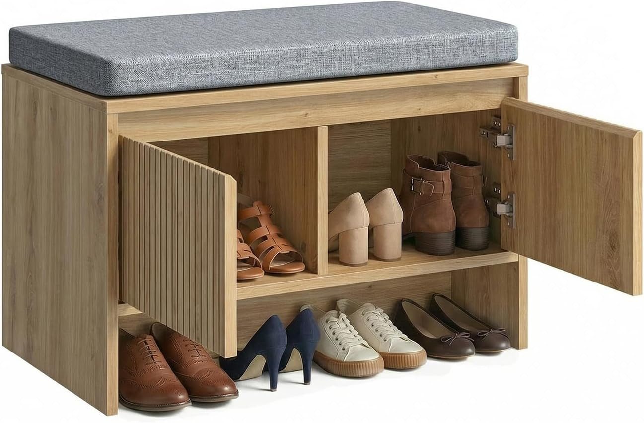 eGenuss Schuhschrank Schuhbank mit Sitzfläche, Stauraum und Lamellentüren
