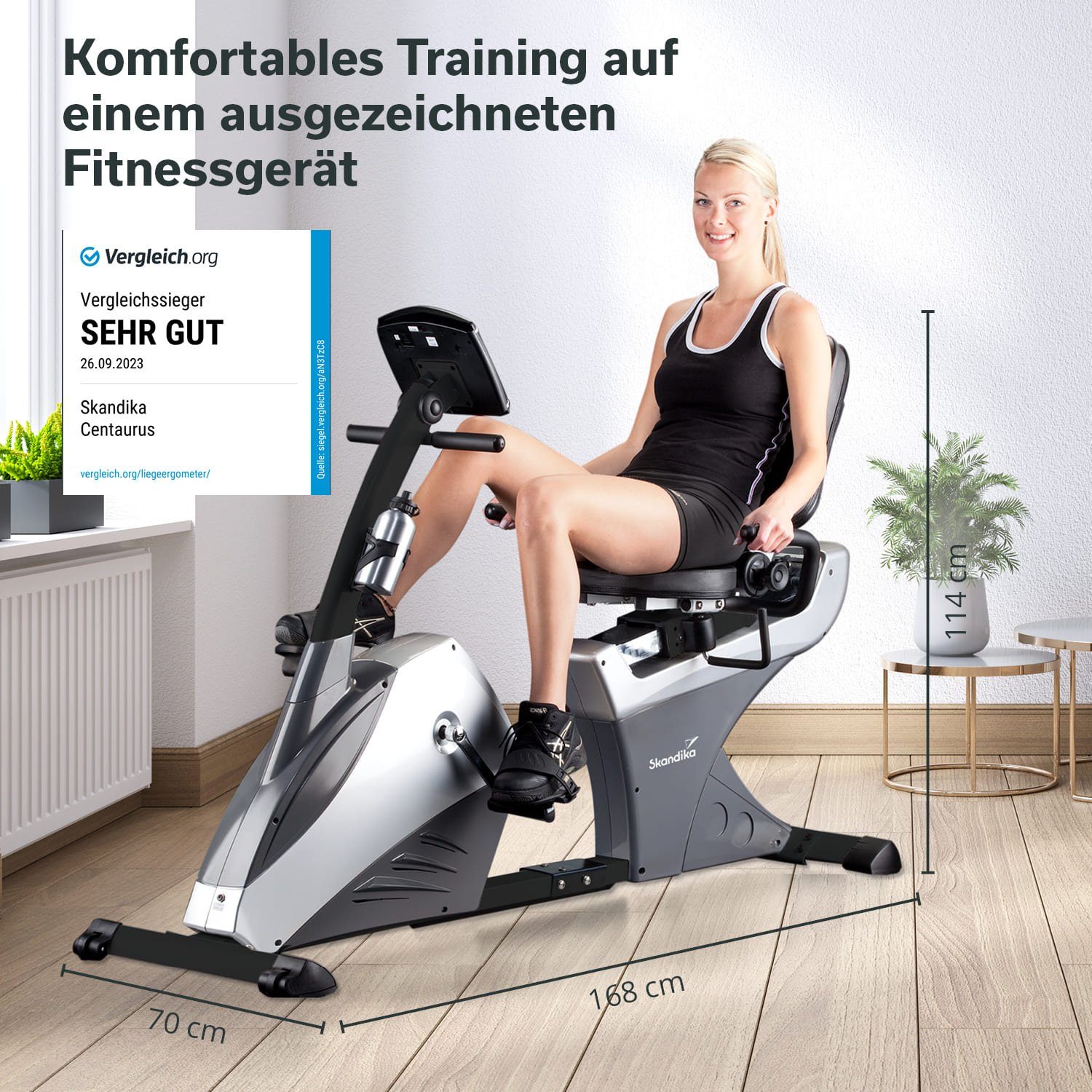 Skandika Ergometer Centaurus Heimtrainer mit Rückenlehne, Liege-Ergometer, bis 150 kg, 13kg Schwungmasse, 12 Trainingsprogramme, Bluetooth, App-Steuerung