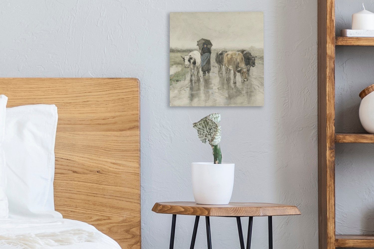 St), für Bilder Bäuerin Eine bunt einer mit Leinwand auf Schlafzimmer - Regen OneMillionCanvasses® von, (1 Leinwandbild Gemälde Kühen Landstraße Wohnzimmer im