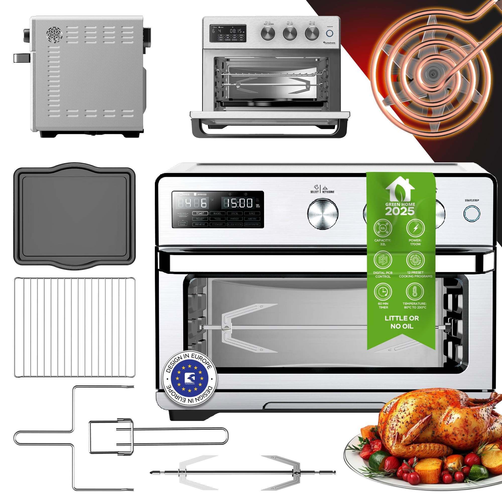 TurboTronic by Z-Line Minibackofen 4in1 Heißluftofen Heißluftfritteuse XXL Version 32L inkl. Drehspieß, & XXL Zubehör Backblech, Dörrgerät ab 25°C & Grill, Airfryer silber
