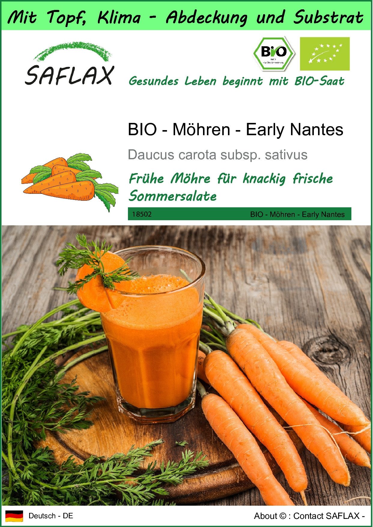 Gemüsesamen SAFLAX - Garden to go - BIO - Möhren - Early Nantes