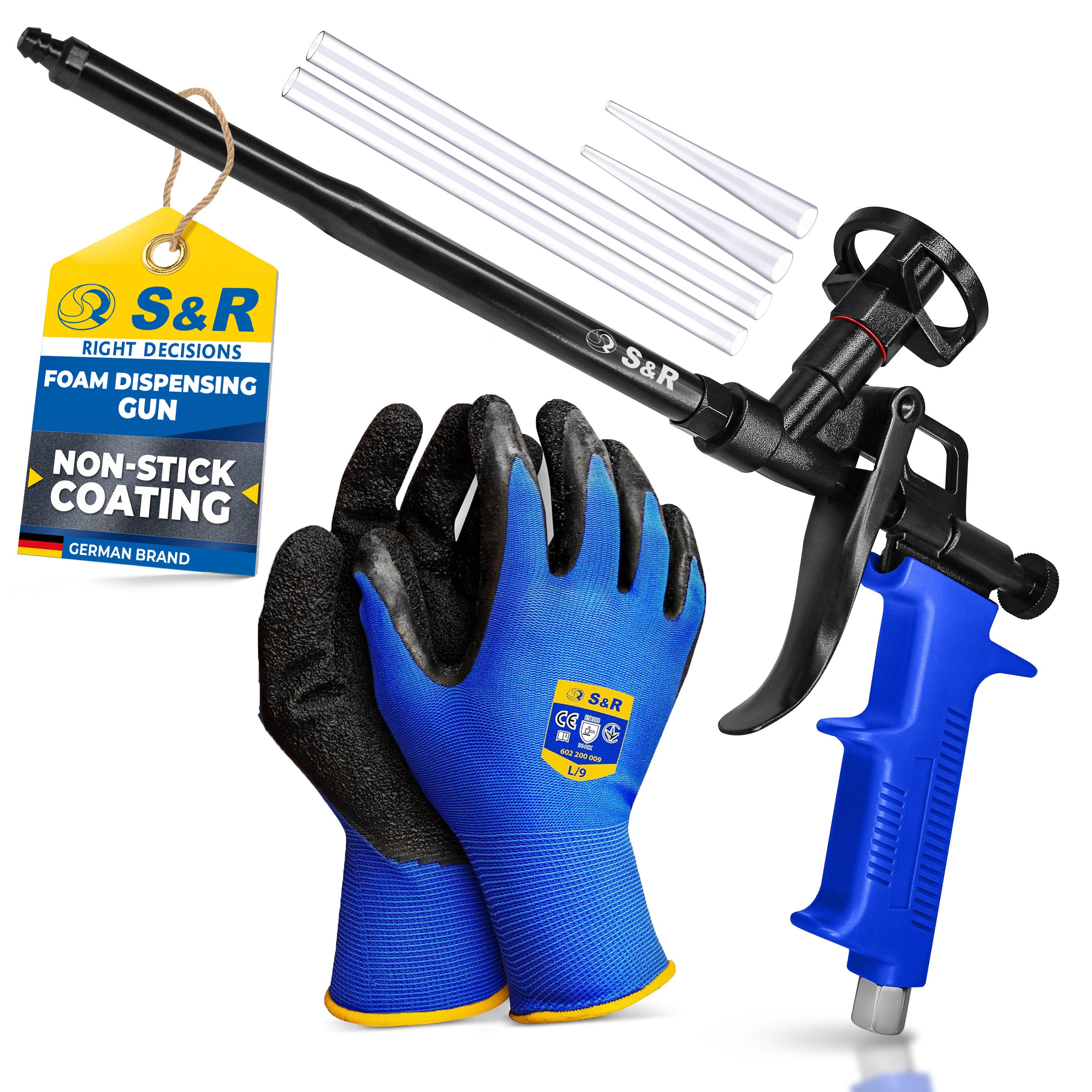 S&R Bauschaumpistole PU Schaumpistole Set 330 mm, antihaft, Ergonomisch präzise dosierbar, 1-tlg., 1 x Schaumpistole, 2 x aufsteckbare Kunststoffdüsen, PTFE vollbeschichtet + 1 Paar Handschuhe