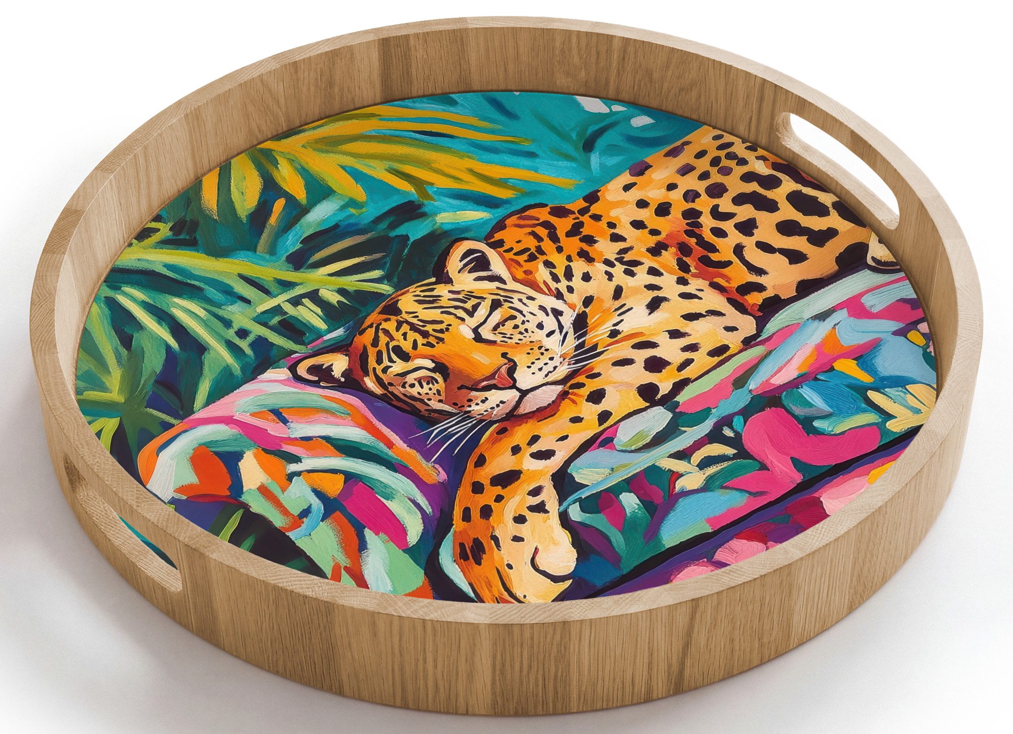 OnlyWow Tablett Rund mit Henkel Leopard - Bunt