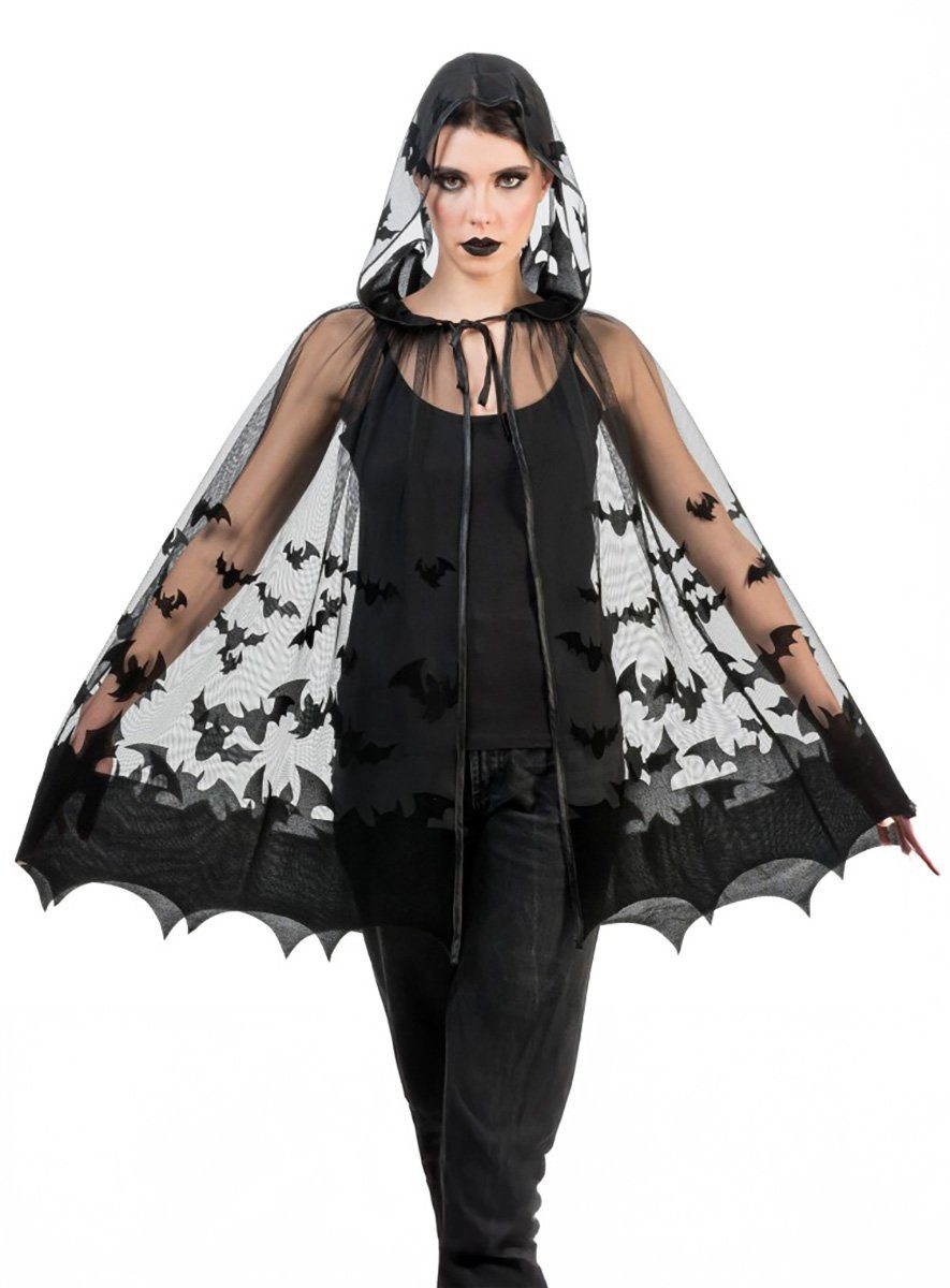 CHAKS Umhang Batcape Vampirumhang, Leichtes Kapuzencape mit stilisierten Fledermäusen