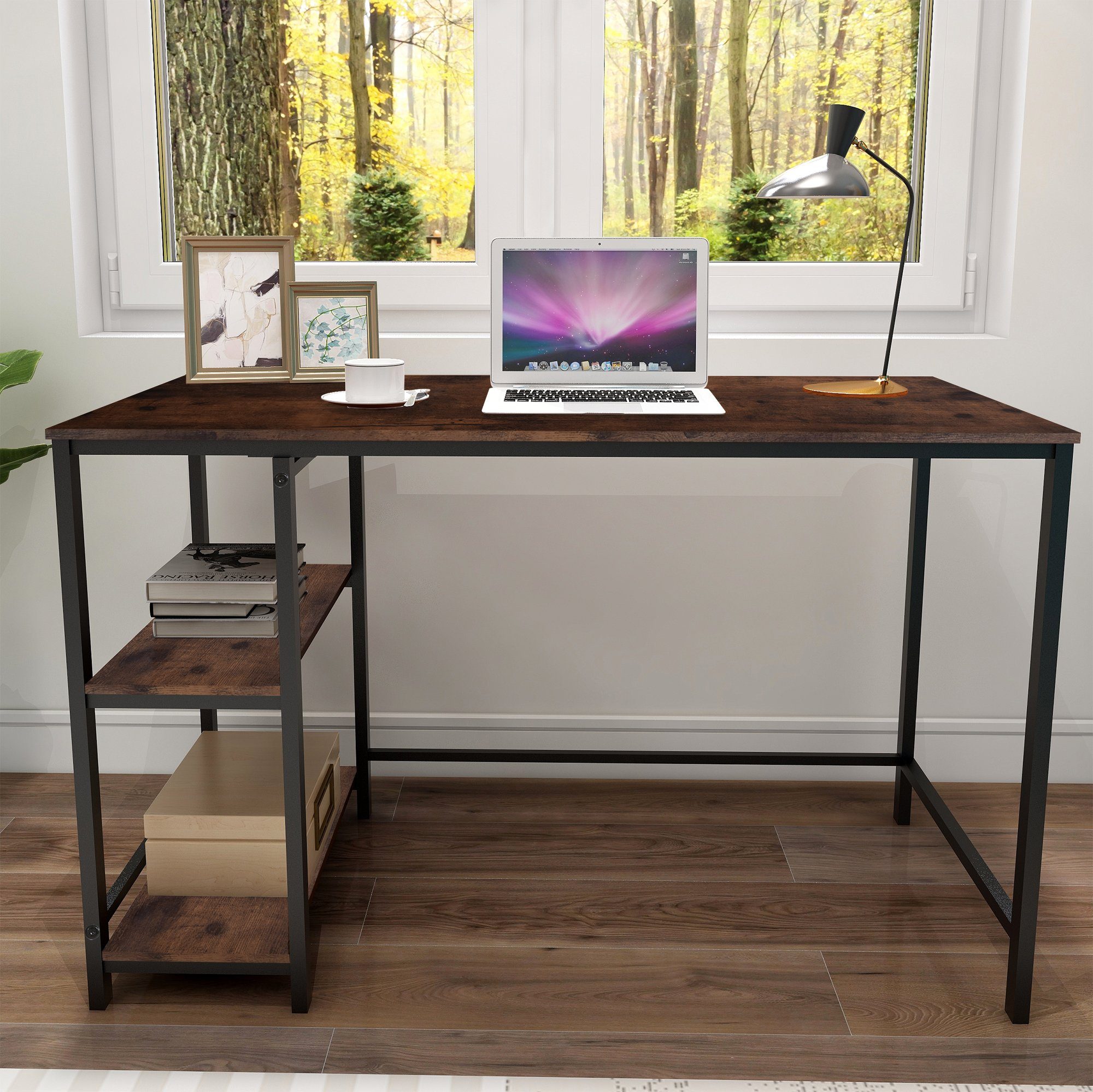 Büro, Tier 120x60x75.2cm) Wohnzimmer OKWISH mit (Computertisch mit Computertisch, DIY Retro-Farbe Schreibtisch für Bücherregal, Laptoptisch, Studiencomputer-Laptoptisch, 2 Lagerregalen Schreibtisch