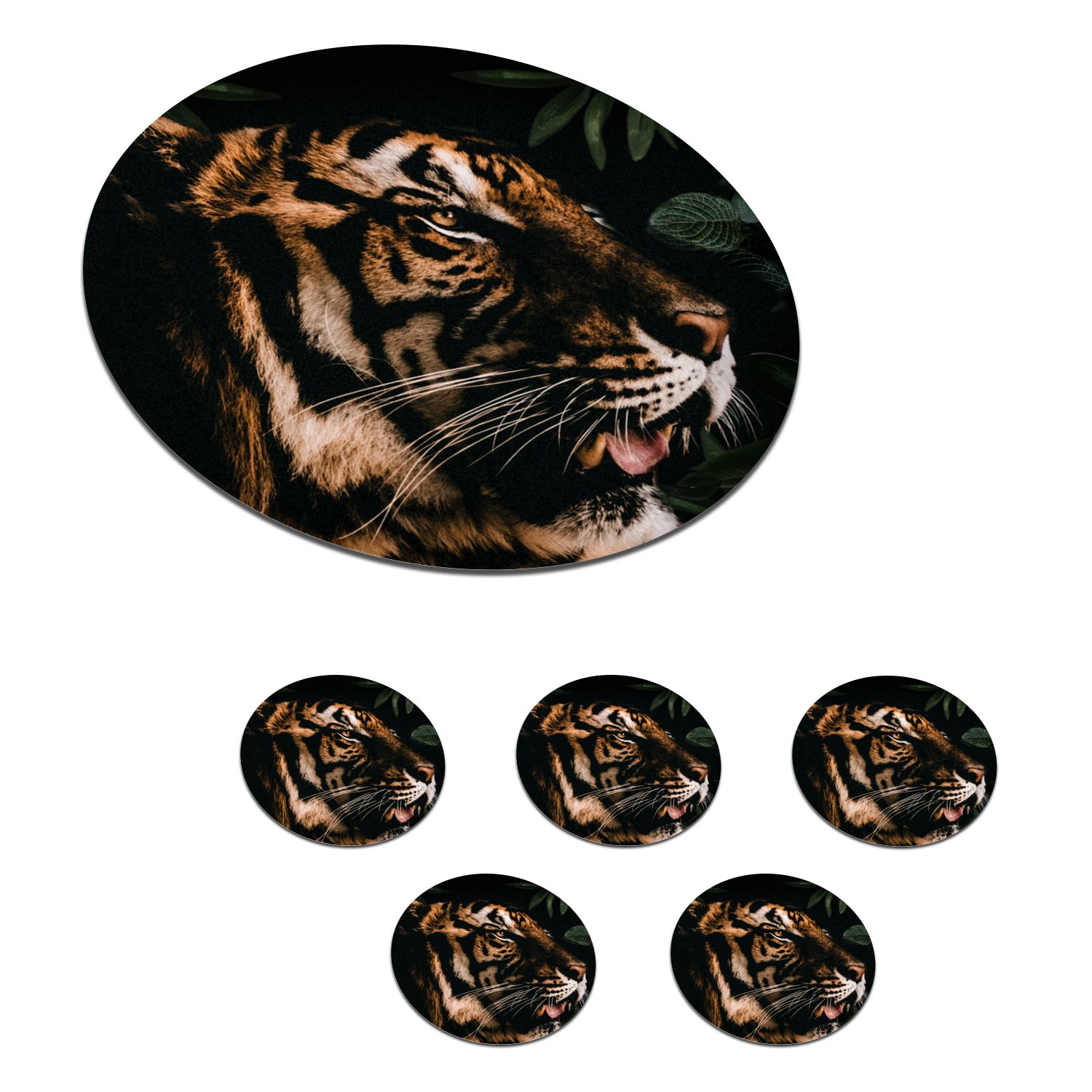 MuchoWow Glasuntersetzer Tiger - Blätter - Tier, Zubehör für Gläser, 6-tlg., Getränkeuntersetzer, Tassenuntersetzer, Korkuntersetzer, Tasse, Becher