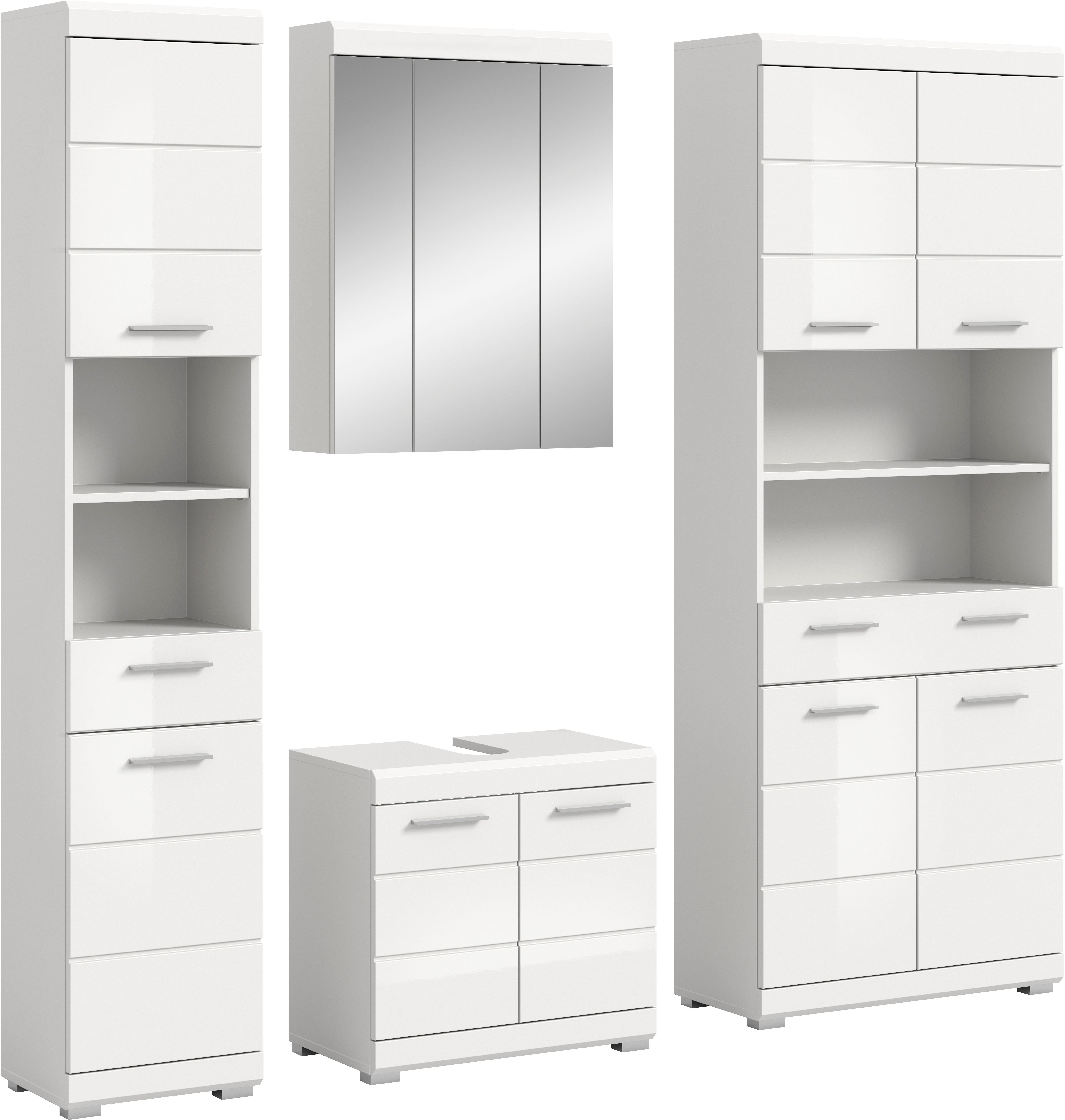 welltime Badmöbel-Set SIENA, 4 teilig, bestehend aus:, (Set, 4-St., TOPSELLER), Hochschrank schmal, WBU, Spiegelschrank, Hochschrank breit
