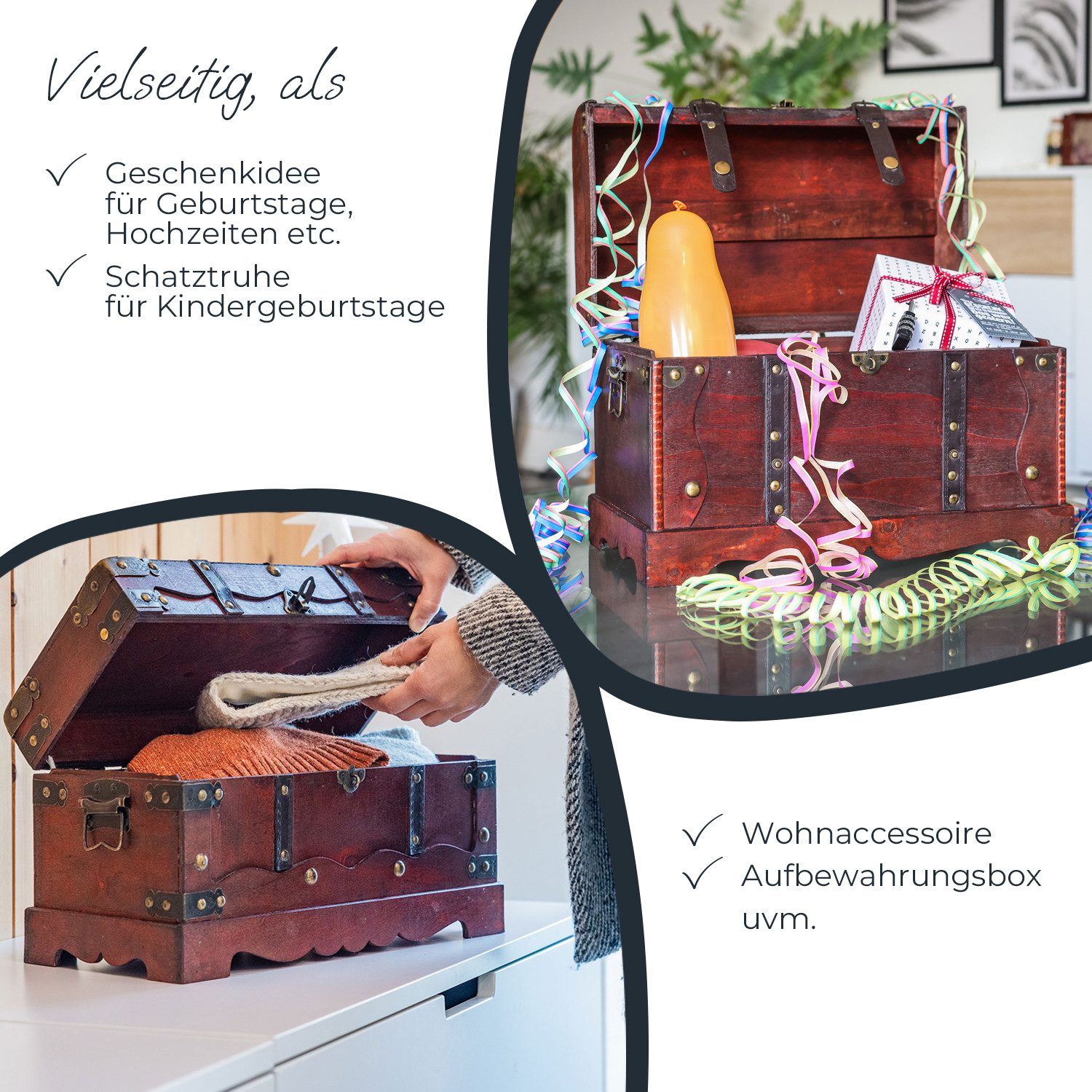 HMF Schatzkiste Schatztruhe aus Holz, große Schatzkiste mit (1 St), dekorativem Schloss für Kindergeburtstag, 40 x 19 x 22 cm, Frankreich