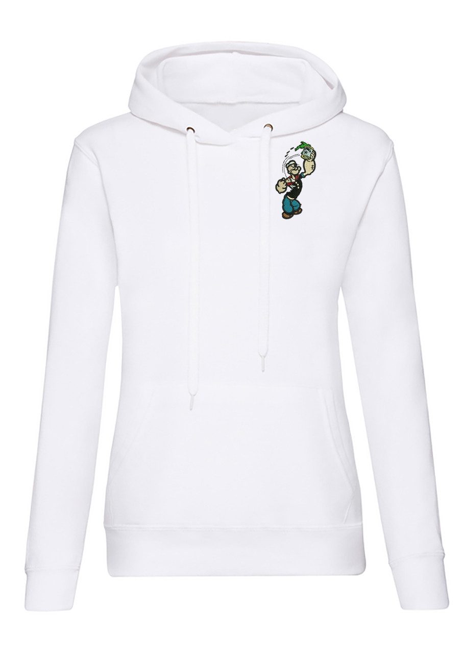 Blondie & Brownie Hoodie Damen Hoodie Popeye Retro Print Kapuzenpullover Streetwear Fit Popeye Spinach Power Damen Hoody White