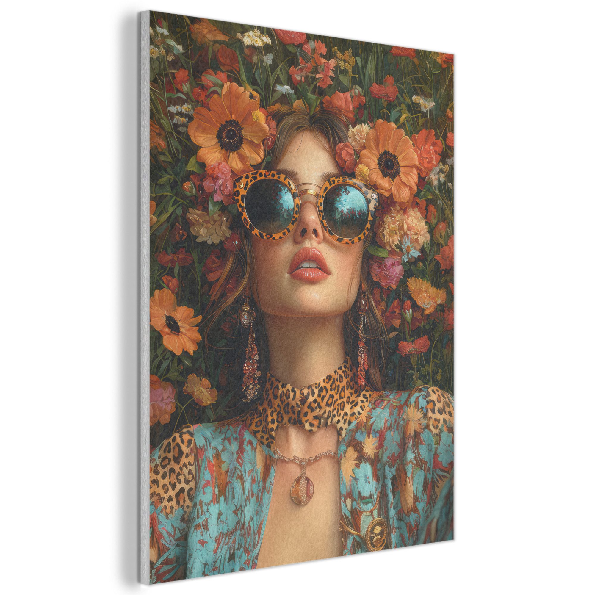 MuchoWow Gemälde Frauen - Blumen - Modern - Brille - Abstrakt, Fotodruck (1 St), Akustikpaneele, Wandpaneele, Schalldämmung, Akustikbilder 30x40 cm