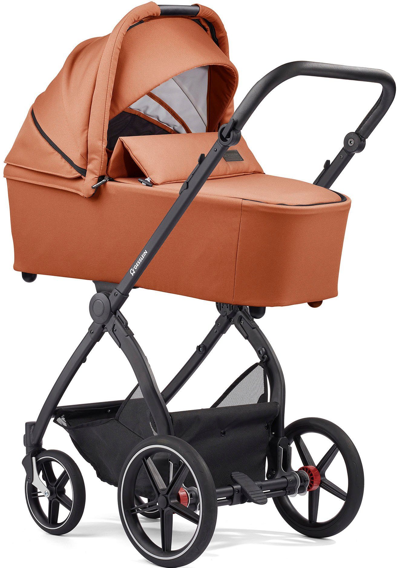 Gesslein FX4 Aufsatz Swing mango, mit Kombi-Kinderwagen mit C3 Babyschalenadapter schwarz, Babywanne Soft+ und
