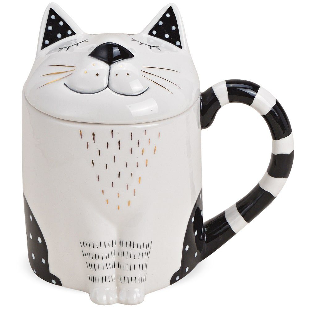 matches21 HOME & HOBBY Tasse Große Teetasse mit Deckel Katze Meow-Design, Keramik, Tee Kaffee-Becher Kaffeetasse, weiß schwarz goldfarben, 400 ml