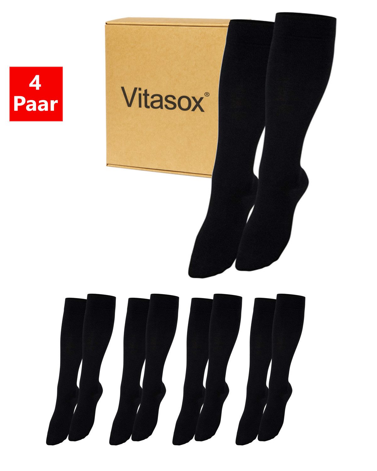Vitasox Stützkniestrümpfe für Damen und Herren 4 Paar - Stützwirkung und Kompression (4-Paar) leichte bis mittlere Kompression