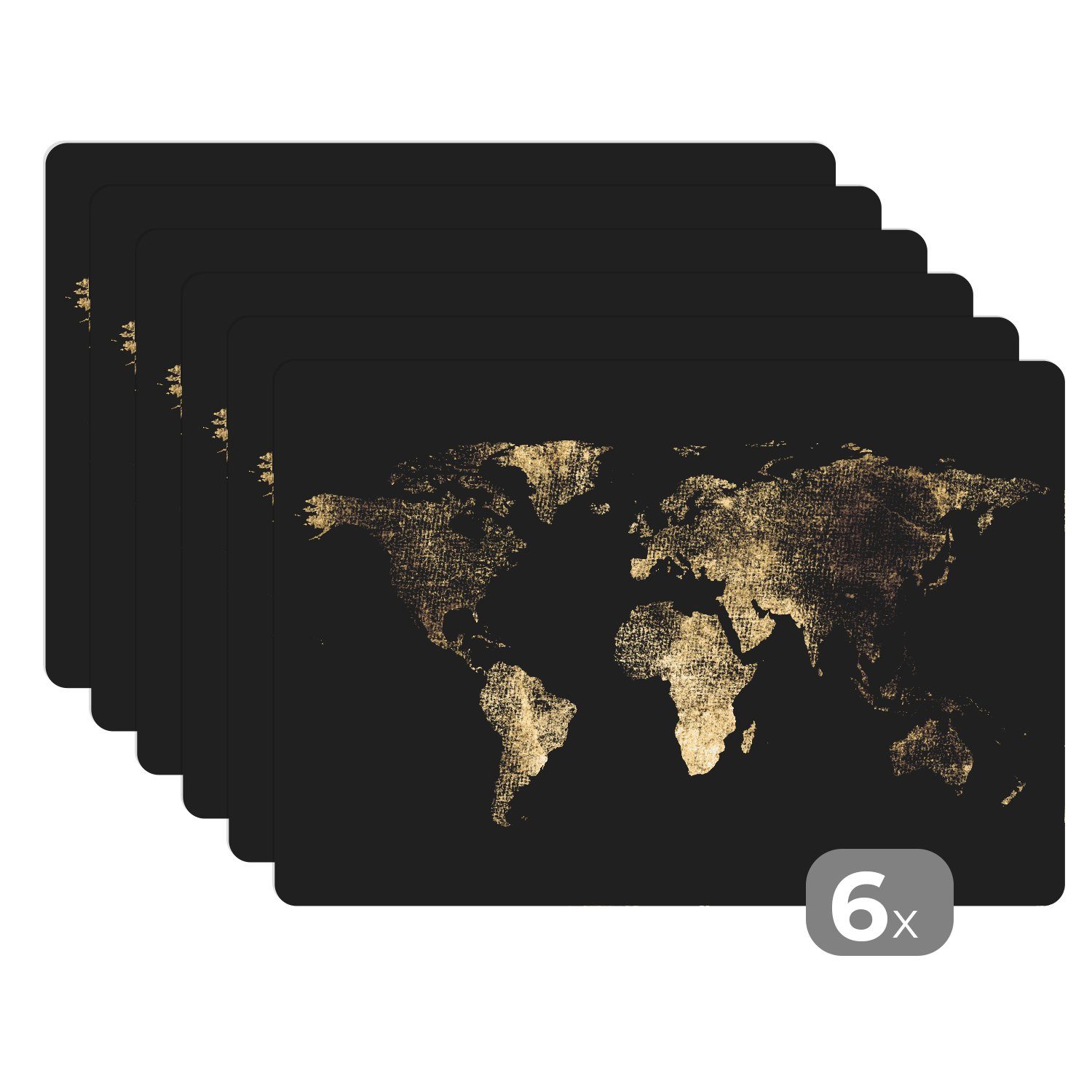 MuchoWow Platzset Weltkarte - Gold - Schwarz - Erde - Luxus, (6-St), Platzsets, Tischset, Abwaschbar, Tischsets, Platzdeckchen