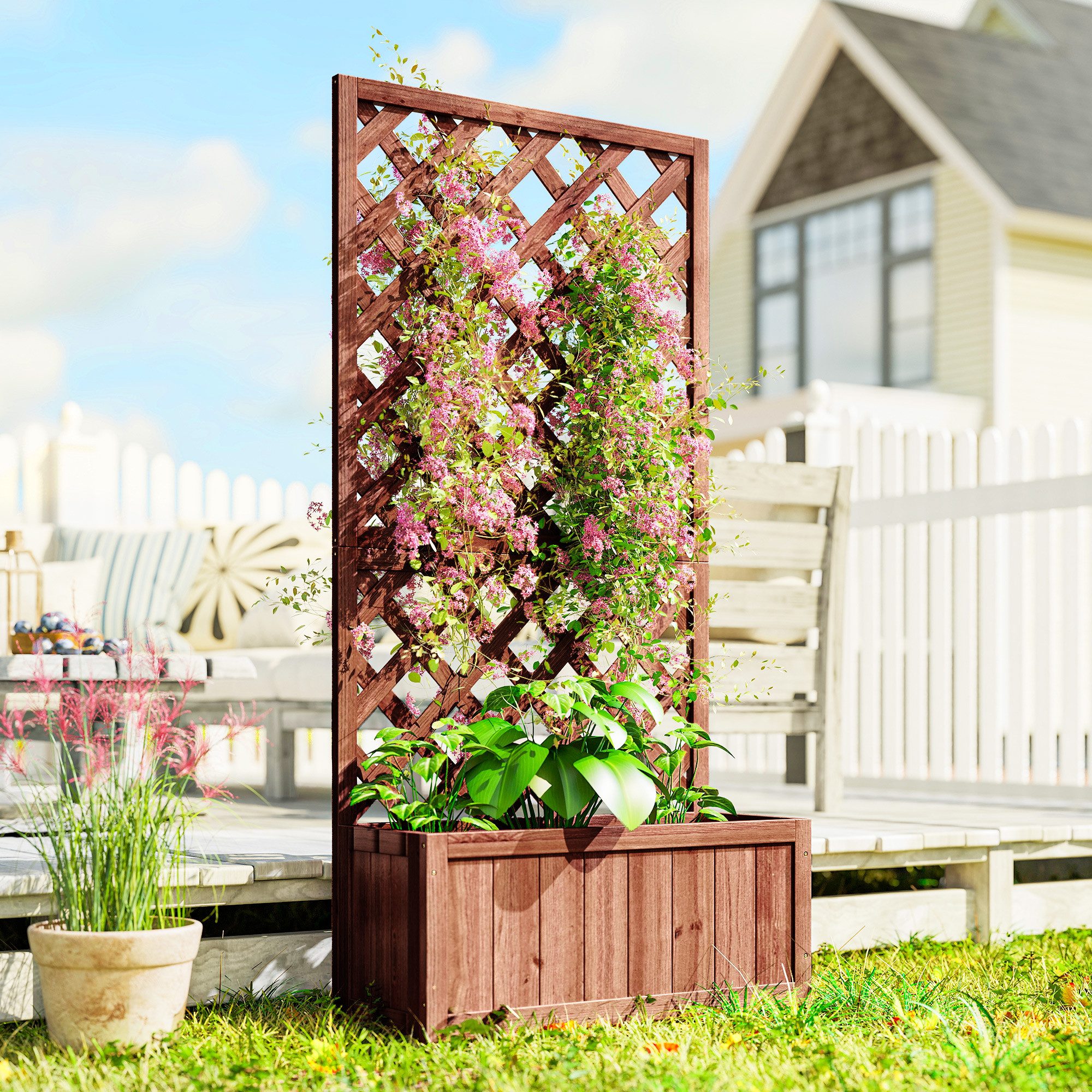 Outsunny Hochbeet Pflanzenkasten mit Rankgitter, Spalier, Holz, 72,5x31,5x149,5cm (Blumenkasten, 1 St., Pflanzkasten), für Garten, Balkon, Orange