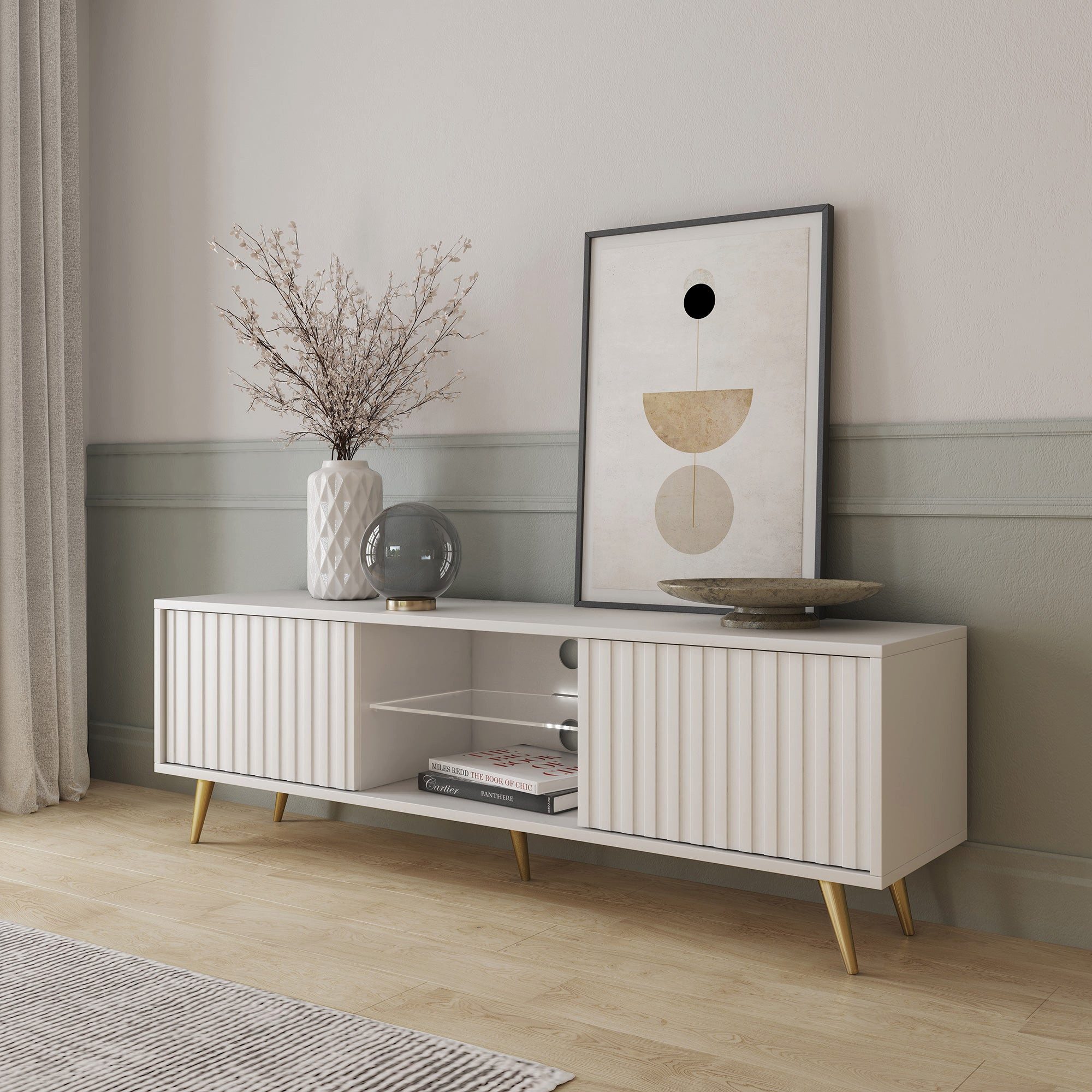 Selsey TV-Schrank BELLO mit goldenen Füßen, Lamellenfronten und LED, 135 cm