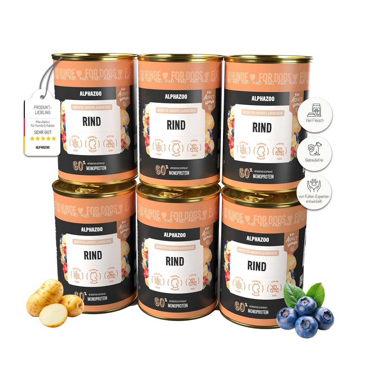 ALPHAZOO Monoprotein Rind Nassfutter für Hunde 6x400g Rind, Nassfutter