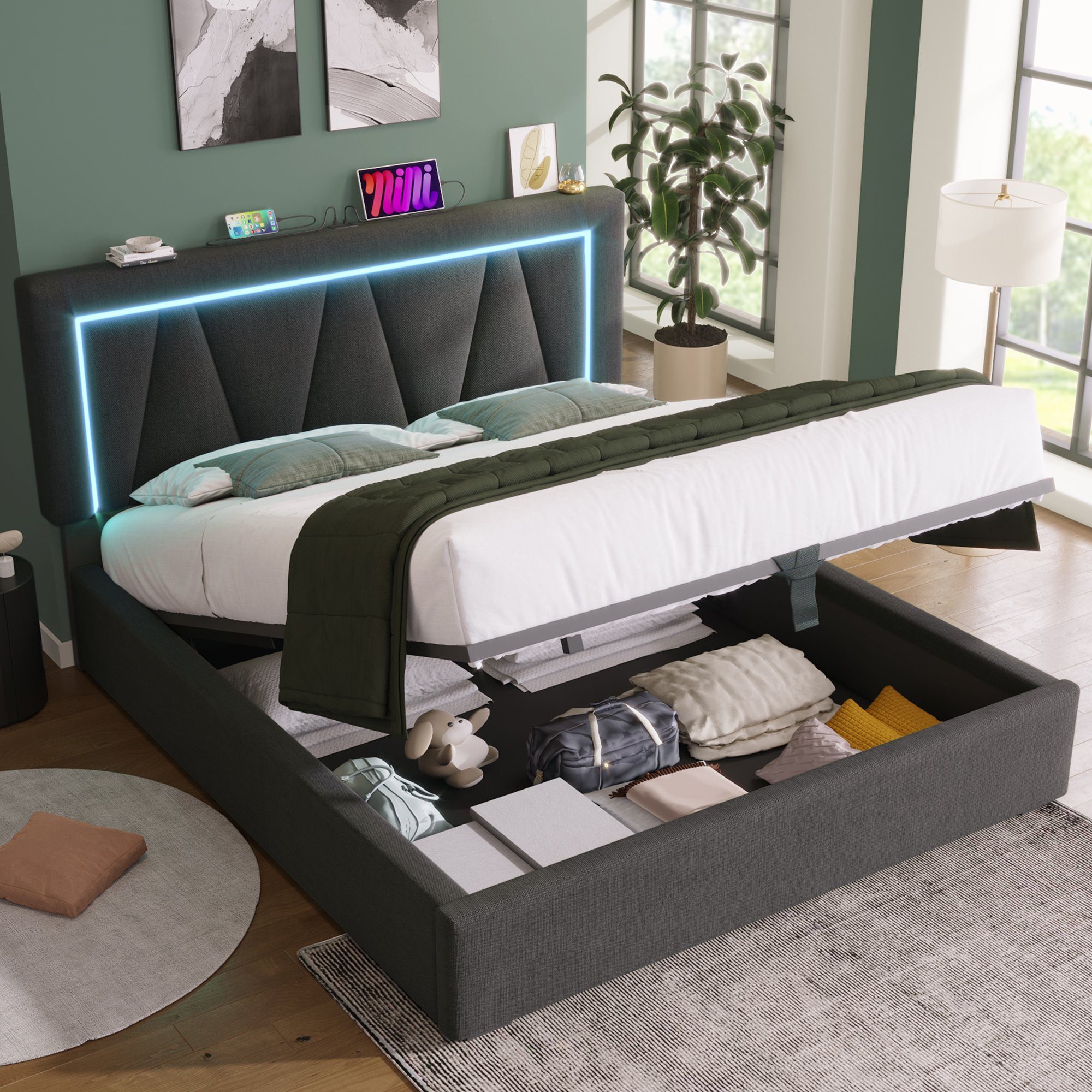 OKWISH Polsterbett LED Doppelbett mit USB günstig online kaufen