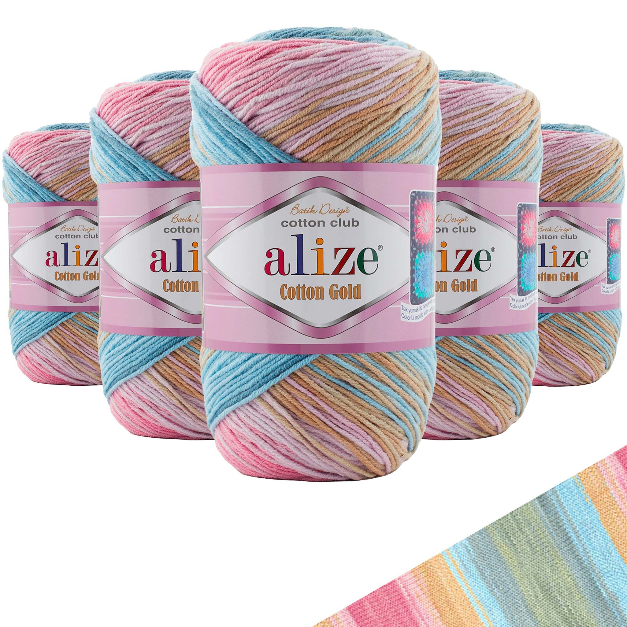 Alize 5 x 100g Farbverlaufsgarn Alize Cotton Gold Batik Häkelwolle Häkelwolle, 1650 m (Sparpaket, 5-St), 2970 mehrfarbig