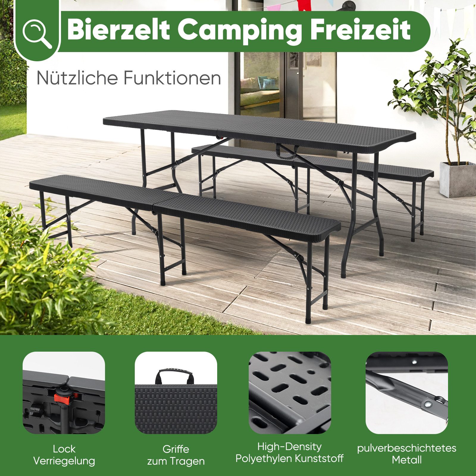 Sekey Bierzeltgarnitur 3-teilig Bierzeltgarnitur Klappbar Tragegriff 180cm Gartenmöbel, (3-tlg), 180cm Bierbänke und 2 Bierbänke, mit Holz und Rattan-Optik, Wet – Bild 2 von 5