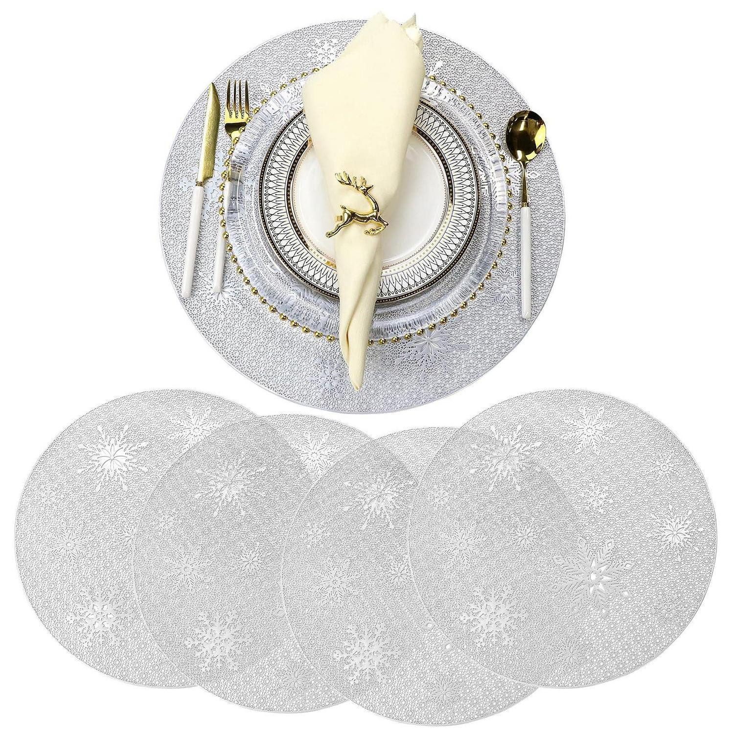LuxusKollektion Platzset Platzset Weihnachten Silber 4er Rund Schneeflocke, (4-St)