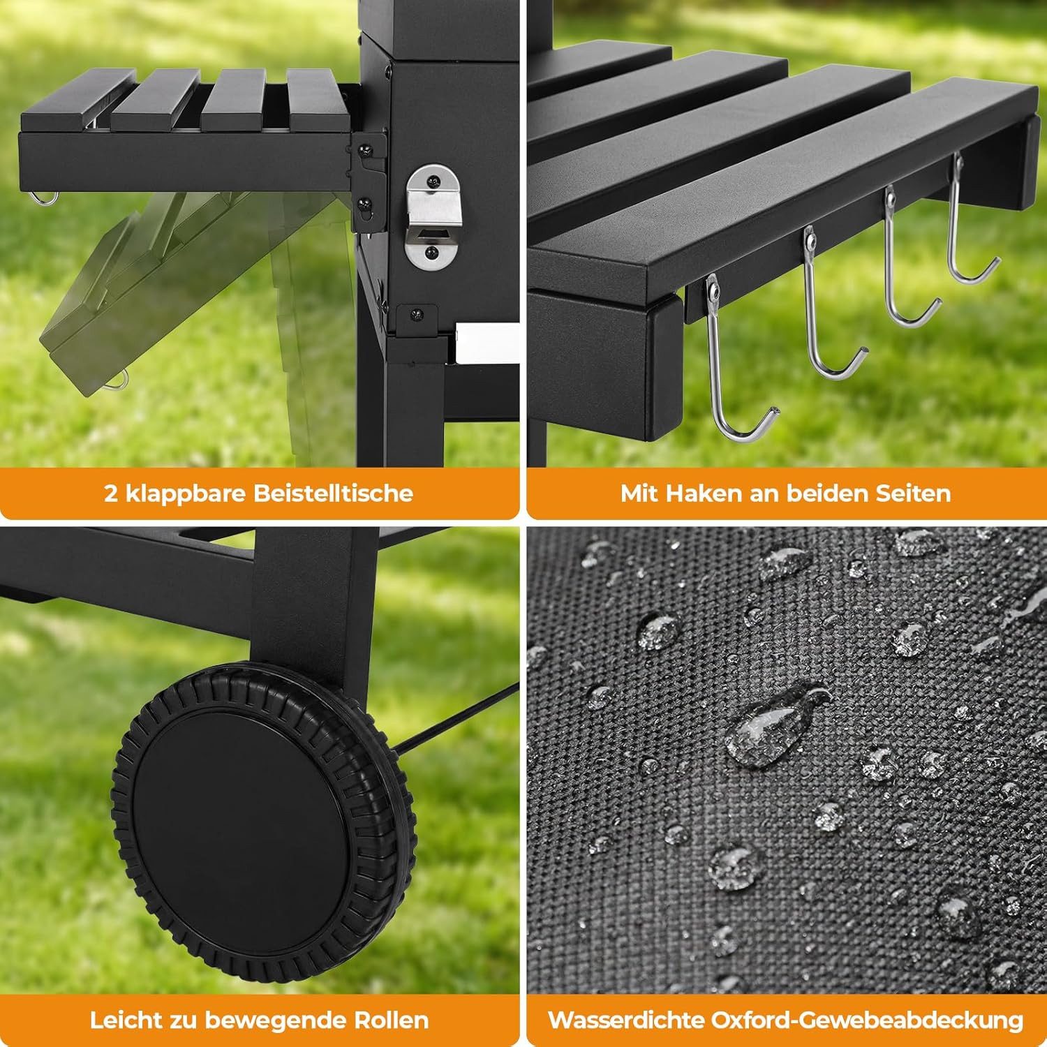 TLGREEN Holzkohlegrill mit Deckel XXL, BBQ Smoker Grillwagen, mit Thermometer/Wasserdichte Abdeckung/Rädern/Klappbaren Ablagen, Robuster Gartengrill Campinggrill für 6-8 Personen