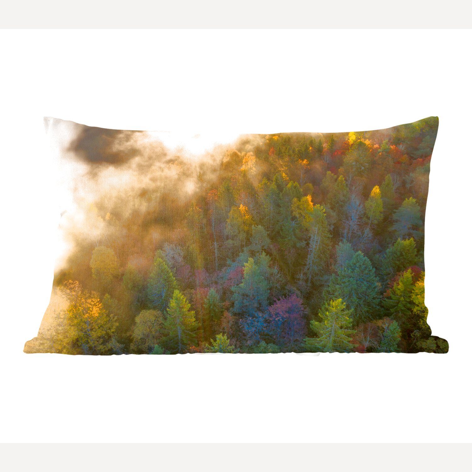 MuchoWow Dekokissen Wald - Nebel - Sonnenuntergang, Wohzimmer Dekoration, Zierkissen, Dekokissen mit Füllung, Schlafzimmer