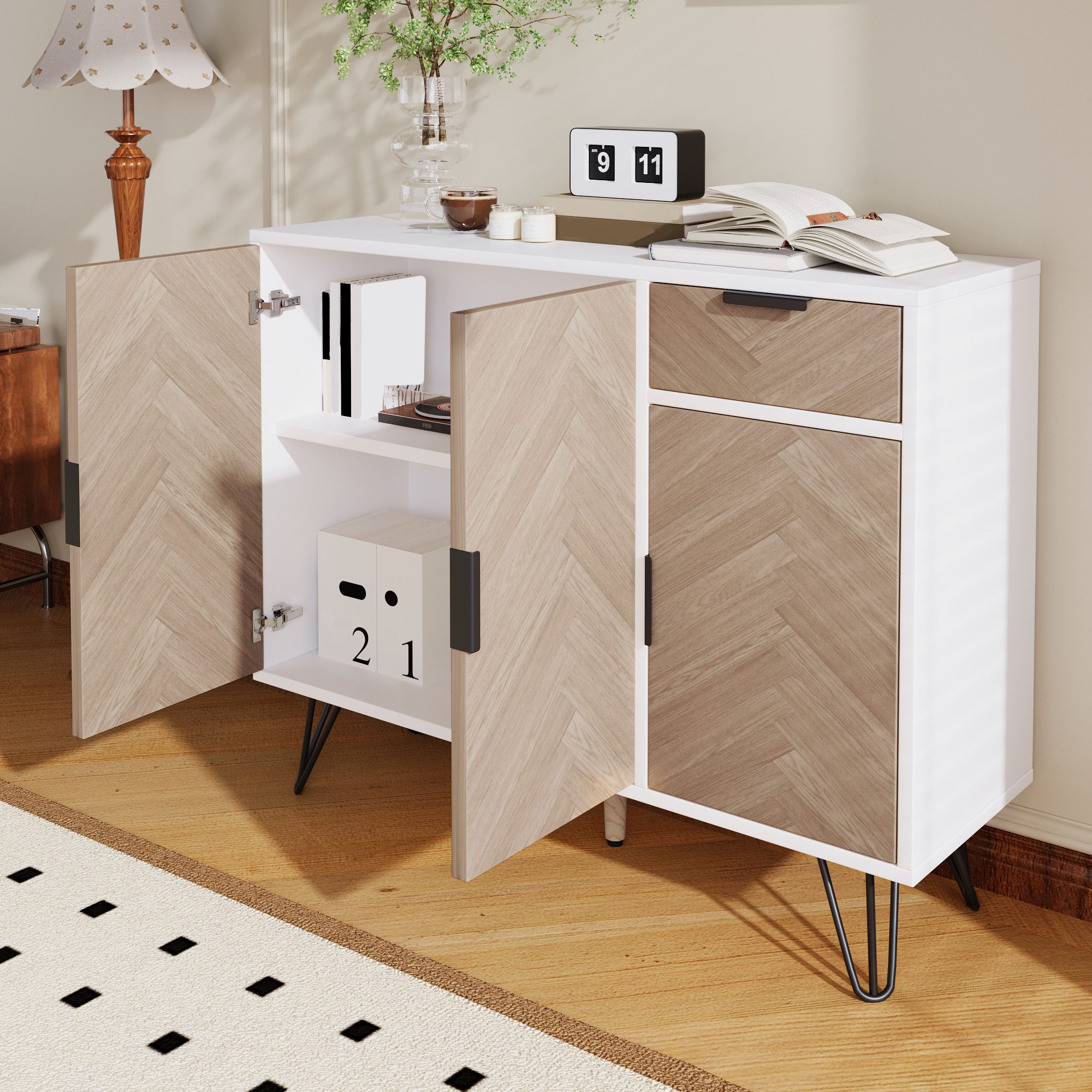 Merax Sideboard im Holzoptik mit Schubladen und 3 Türen (Wohnzimmerschrank, Highboard, Aufbewahrungsschrank mit vielseitiger Stauraum), Kommode mit höhenverstellbaren Einlegeböden, Anrichte, Breit: 90cm