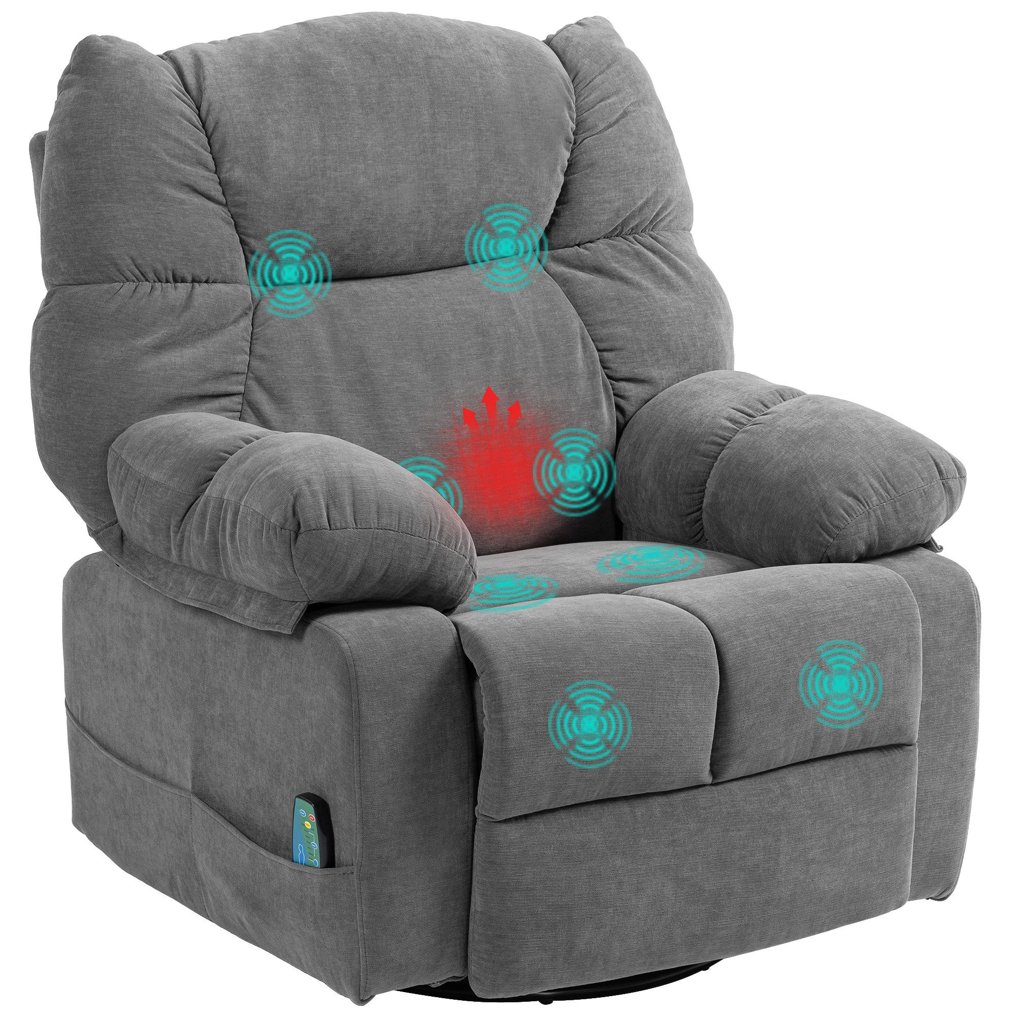 BAYMATE Massagesessel Relaxsessel mit Massagefunktion, Liegefunktion (Drehbarer Massagesessel, 4 Seitentaschen und Fernbedienung, Dunkelgrau)