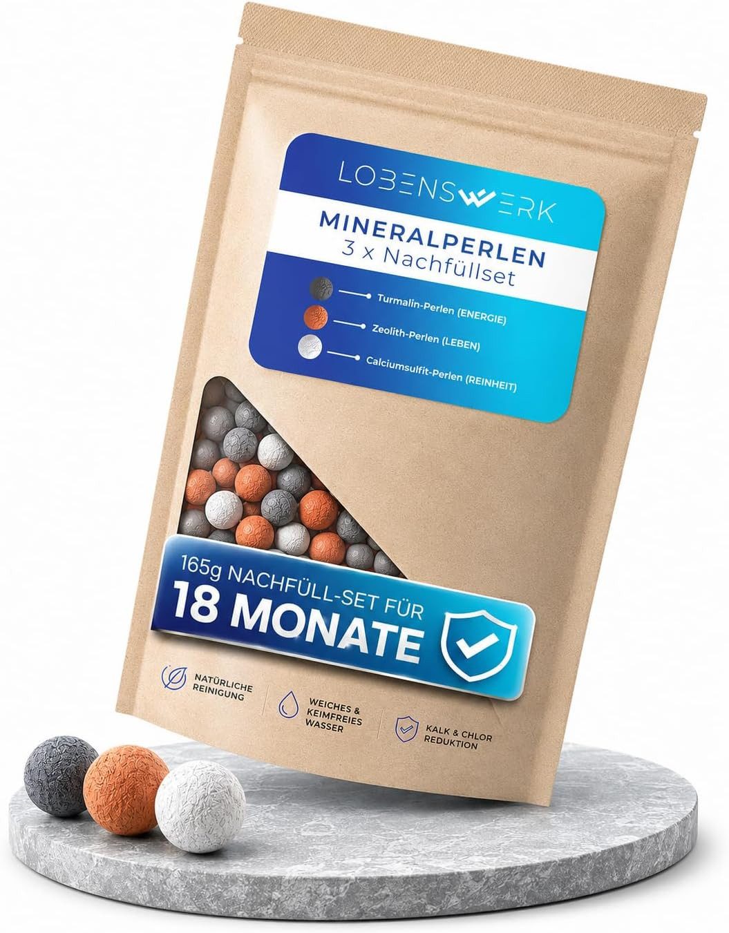 Lobenswerk Duschbrause Duschkopf mit Boost-Funktion, mit Mineralperlenfilter gegen Kalk & Verunreinigungen