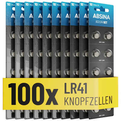 ABSINA »AG3 LR41 Knopfzelle 100er Pack - 1,5V Alkaline Knopfzellen auslaufsicher & mit langer Haltbarkeit - LR736 / L736 / G3 / G3A / 3GA / 192 / GP192 / V3GA / RW87 - Knopfbatterien Batterien Batterie« Knopfzelle, (10 St)
