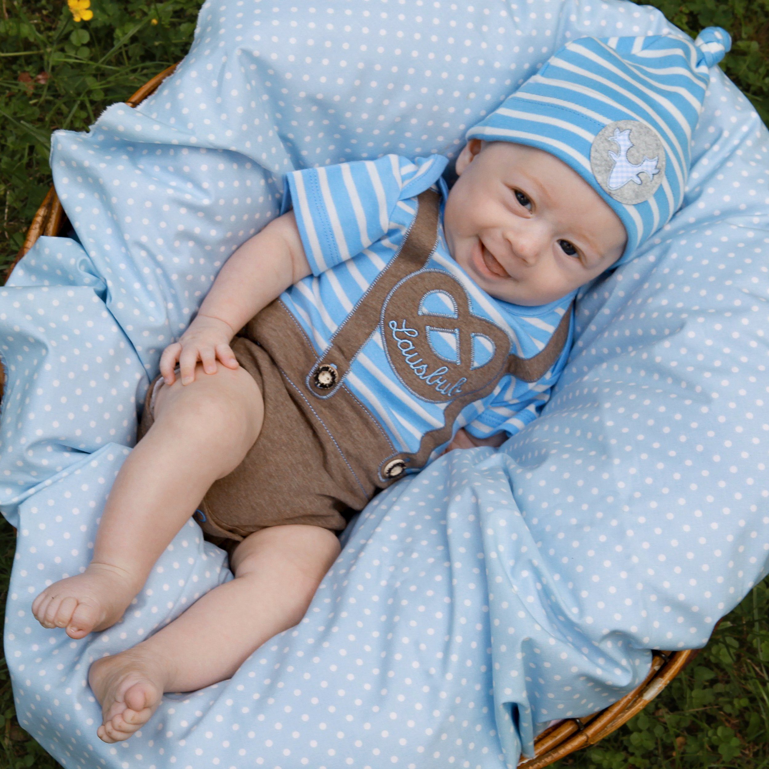 P.Eisenherz Kurzarmbody Body mit kurzem Arm "Lederhose" hellblau/weiß im Lederhosen Look mit Brezel